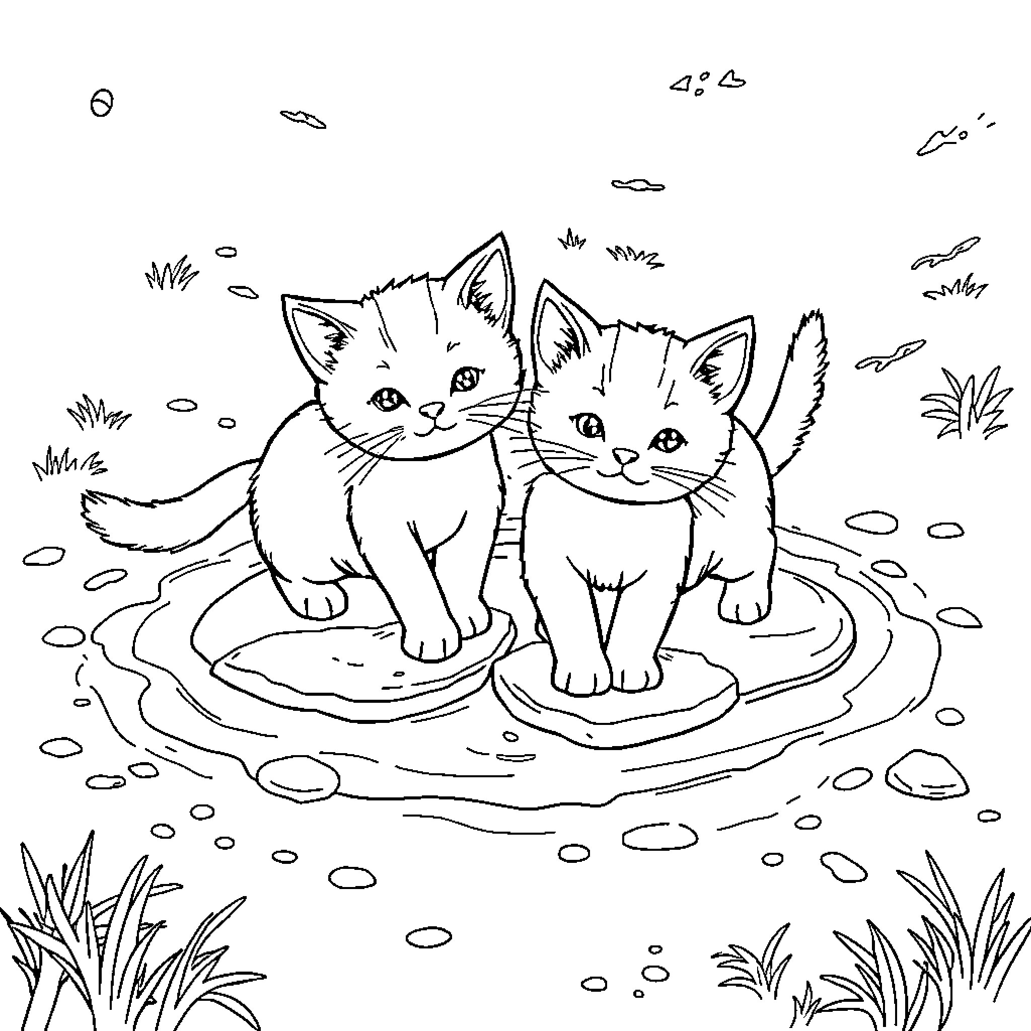 Cats playing on rocks in the water Coloring Page (free black-and-white line drawing printable PDF for all, from beginners to advanced learners, including children, teens, adults, and seniors)