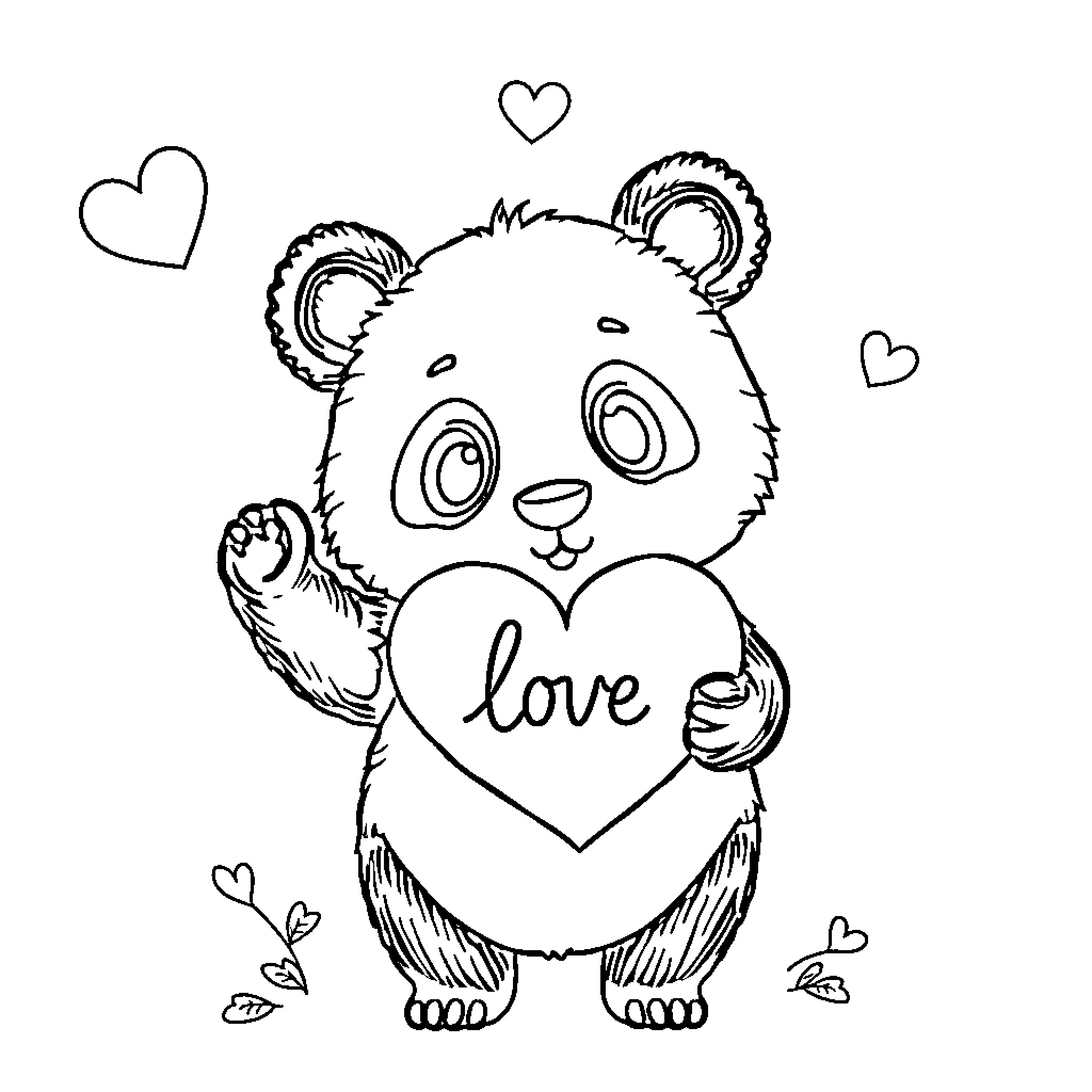 Panda holding a heart-shaped love sign Coloring Page (free black-and-white line drawing printable PDF for all, from beginners to advanced learners, including children, teens, adults, and seniors)