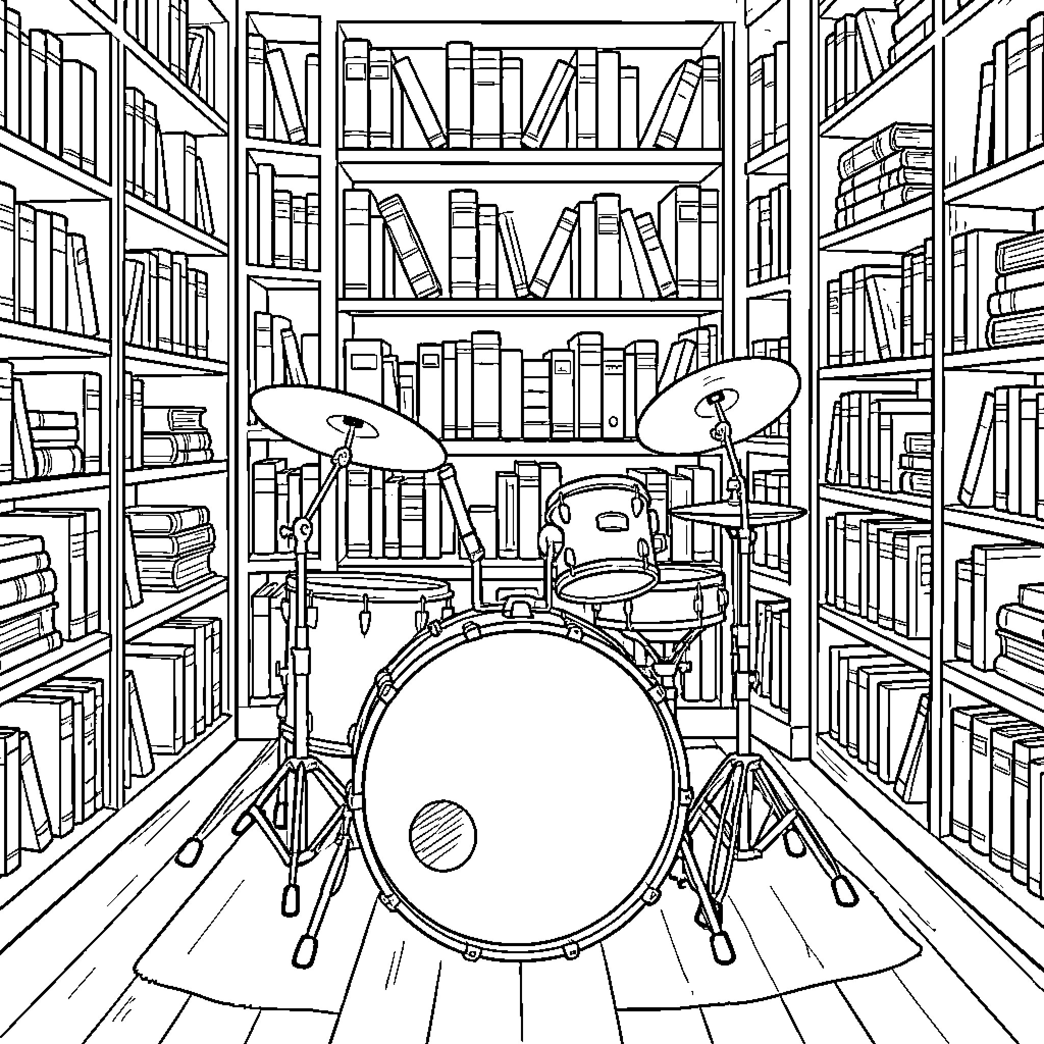 Kick Drum in Music Library Coloring Page (free black-and-white line drawing printable PDF for all, from beginners to advanced learners, including children, teens, adults, and seniors)