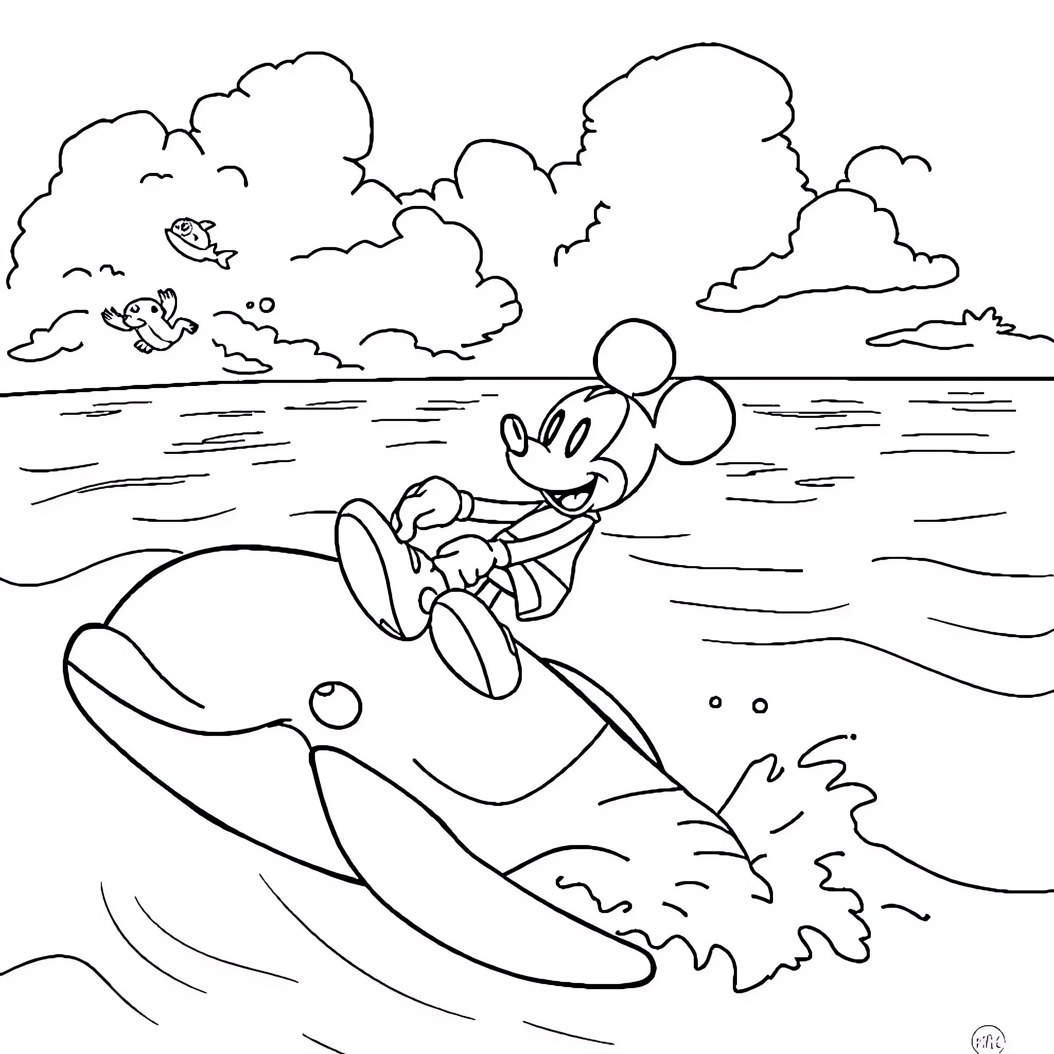 Mickey water skiing on a sunny day Coloring Page (free black-and-white line drawing printable PDF for all, from beginners to advanced learners, including children, teens, adults, and seniors)