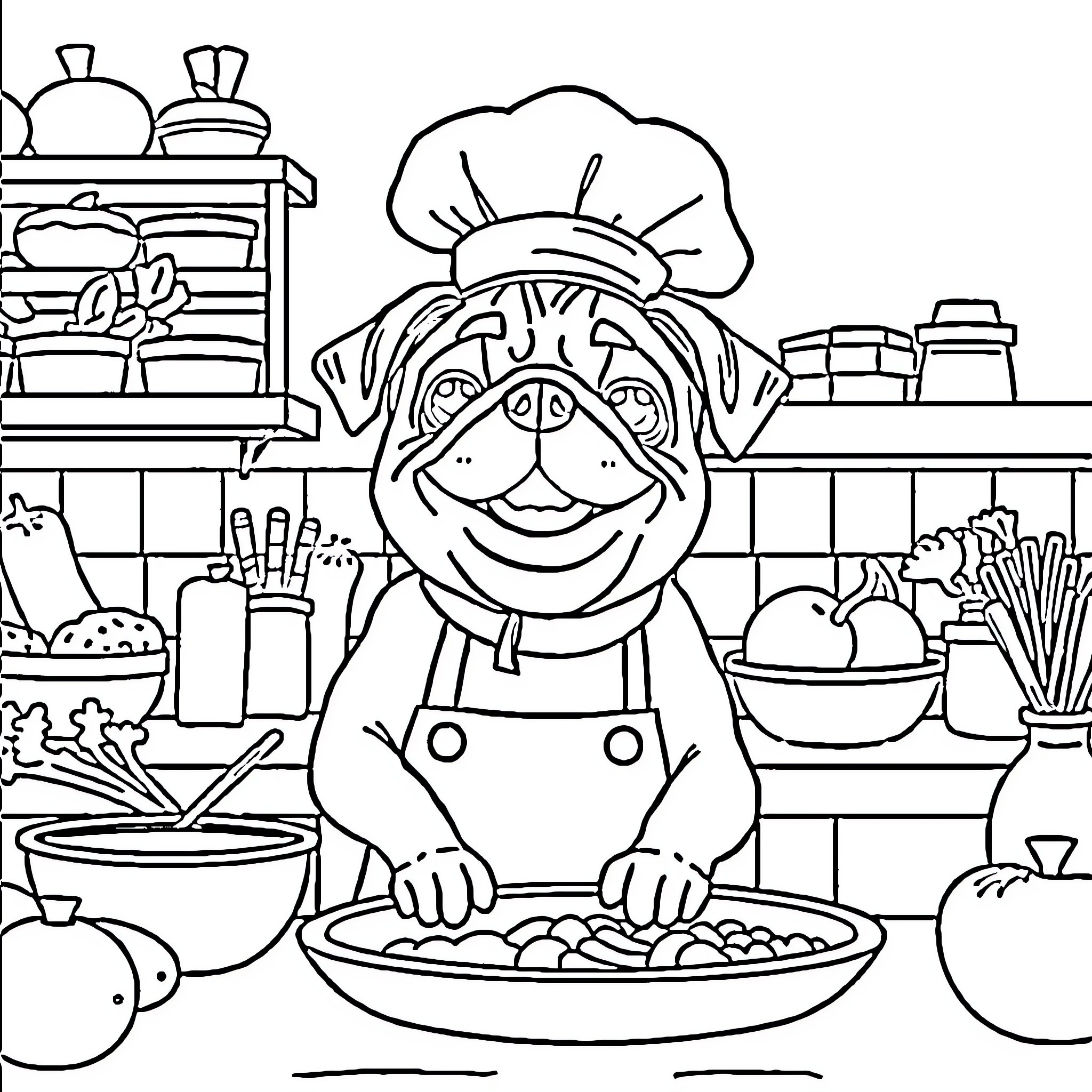 Pug Chef Cooking in the Kitchen Coloring Page (free black-and-white line drawing printable PDF for all, from beginners to advanced learners, including children, teens, adults, and seniors)