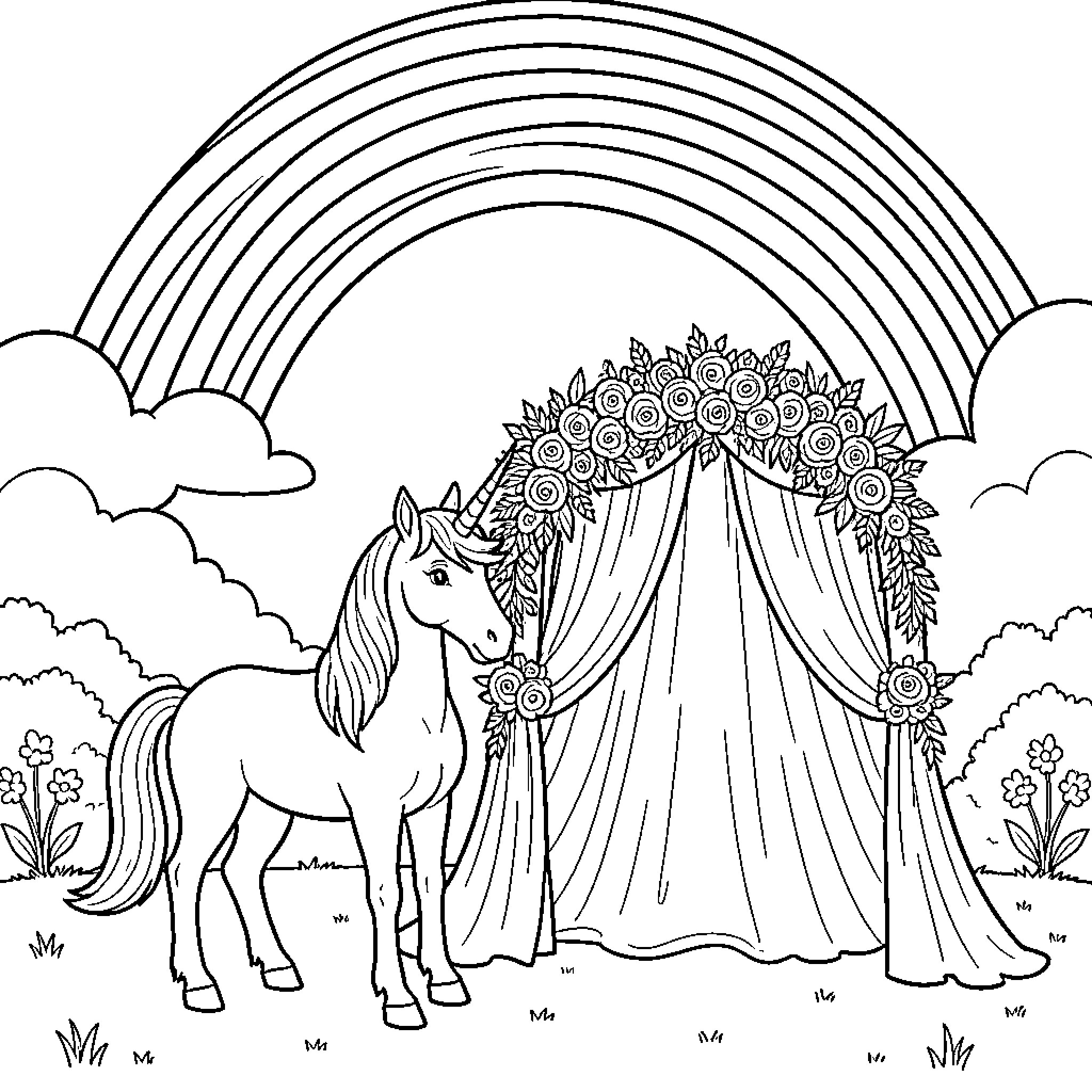 Unicorn standing gracefully by a flowered canopy Coloring Page (free black-and-white line drawing printable PDF for all, from beginners to advanced learners, including children, teens, adults, and seniors)