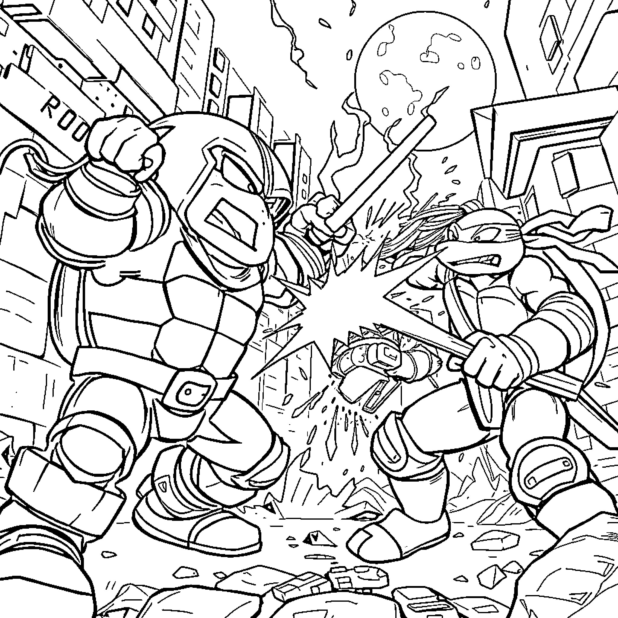 El Primo fighting robots and destruction in the city Coloring Page (free black-and-white line drawing printable PDF for all, from beginners to advanced learners, including children, teens, adults, and seniors)