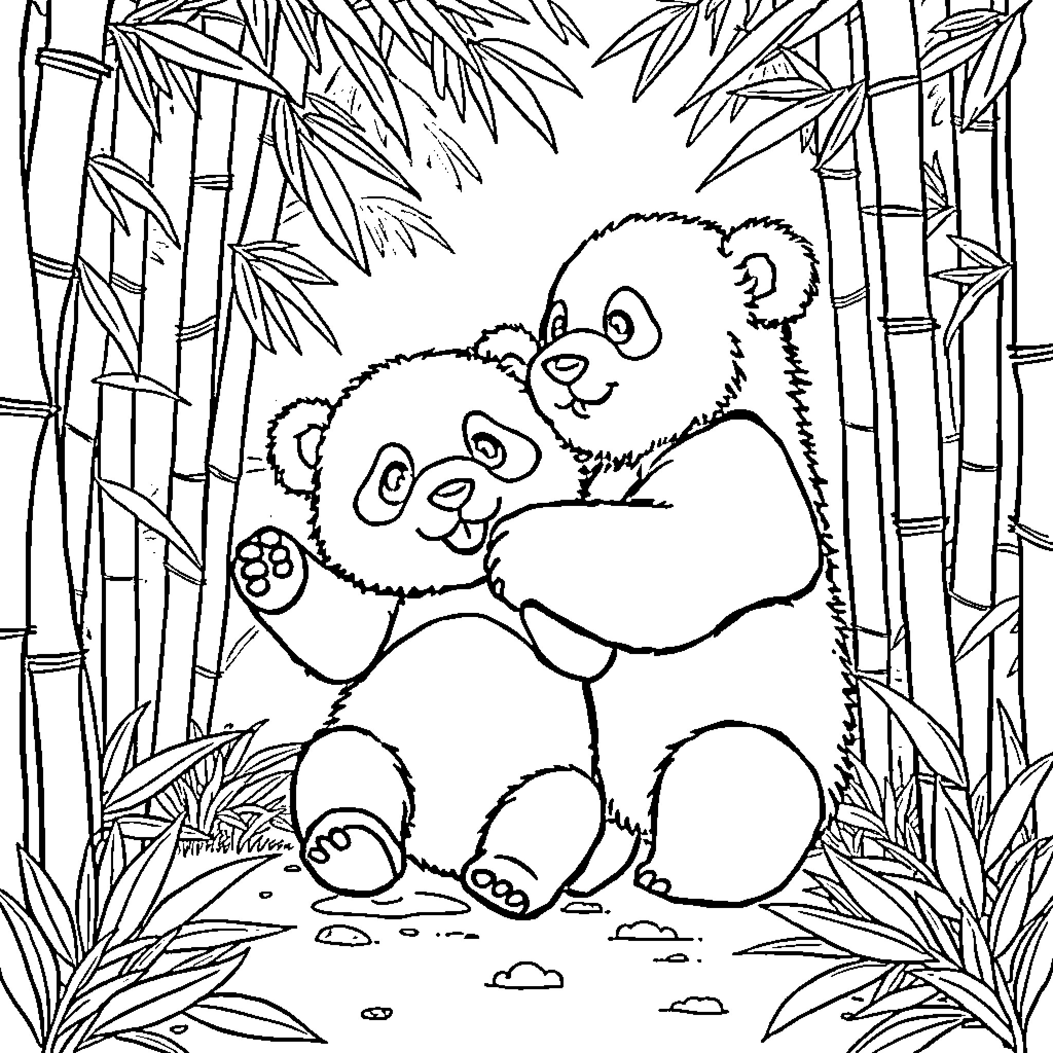 Panda friends playing in bamboo forest Coloring Page (free black-and-white line drawing printable PDF for all, from beginners to advanced learners, including children, teens, adults, and seniors)