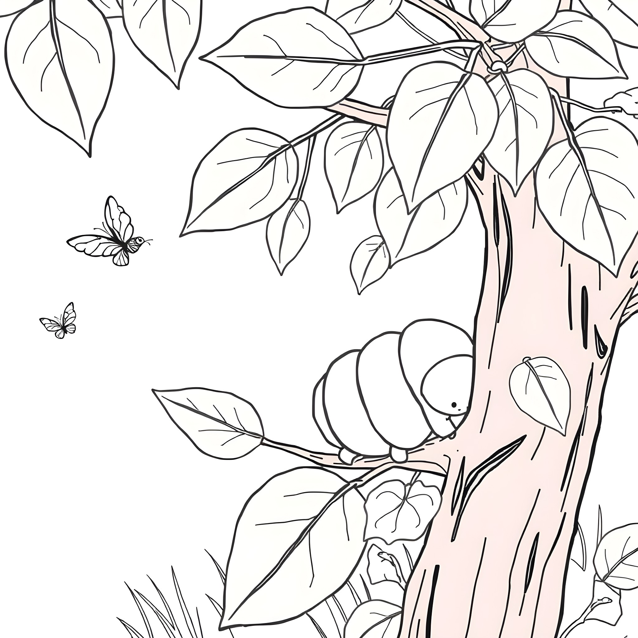 Caterpillar enjoying the garden ambiance Coloring Page (free black-and-white line drawing printable PDF for all, from beginners to advanced learners, including children, teens, adults, and seniors)