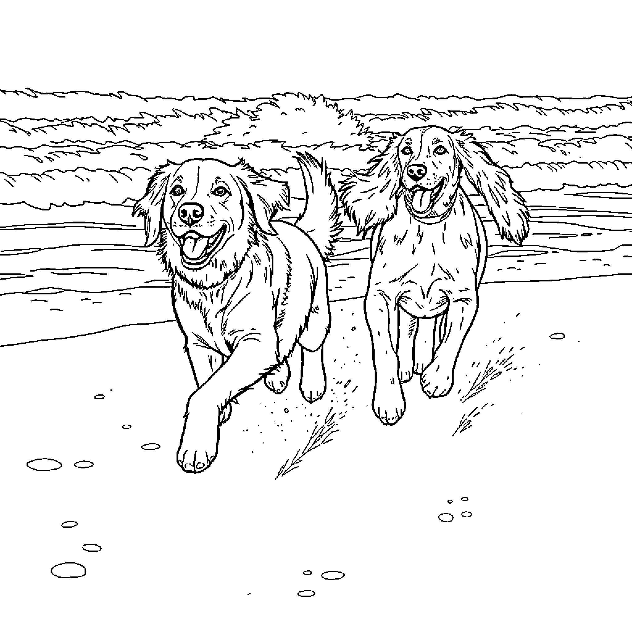 Dog friends playing joyfully on the beach Coloring Page (free black-and-white line drawing printable PDF for all, from beginners to advanced learners, including children, teens, adults, and seniors)
