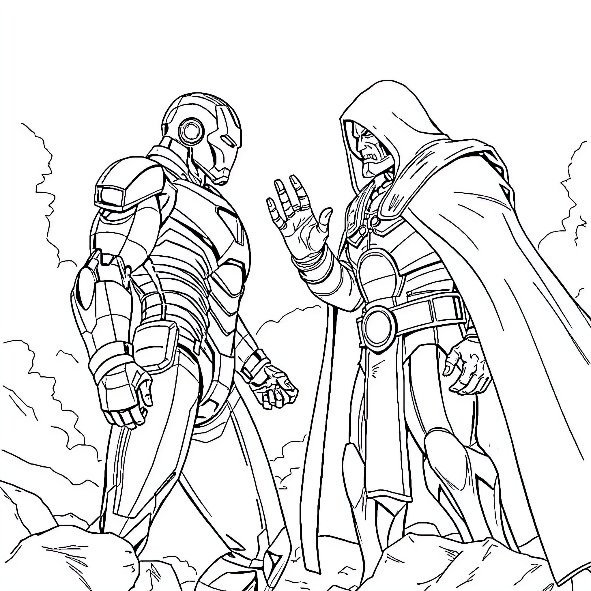 Iron Man in action stance with mysterious hooded figure Coloring Page (free black-and-white line drawing printable PDF for all, from beginners to advanced learners, including children, teens, adults, and seniors)