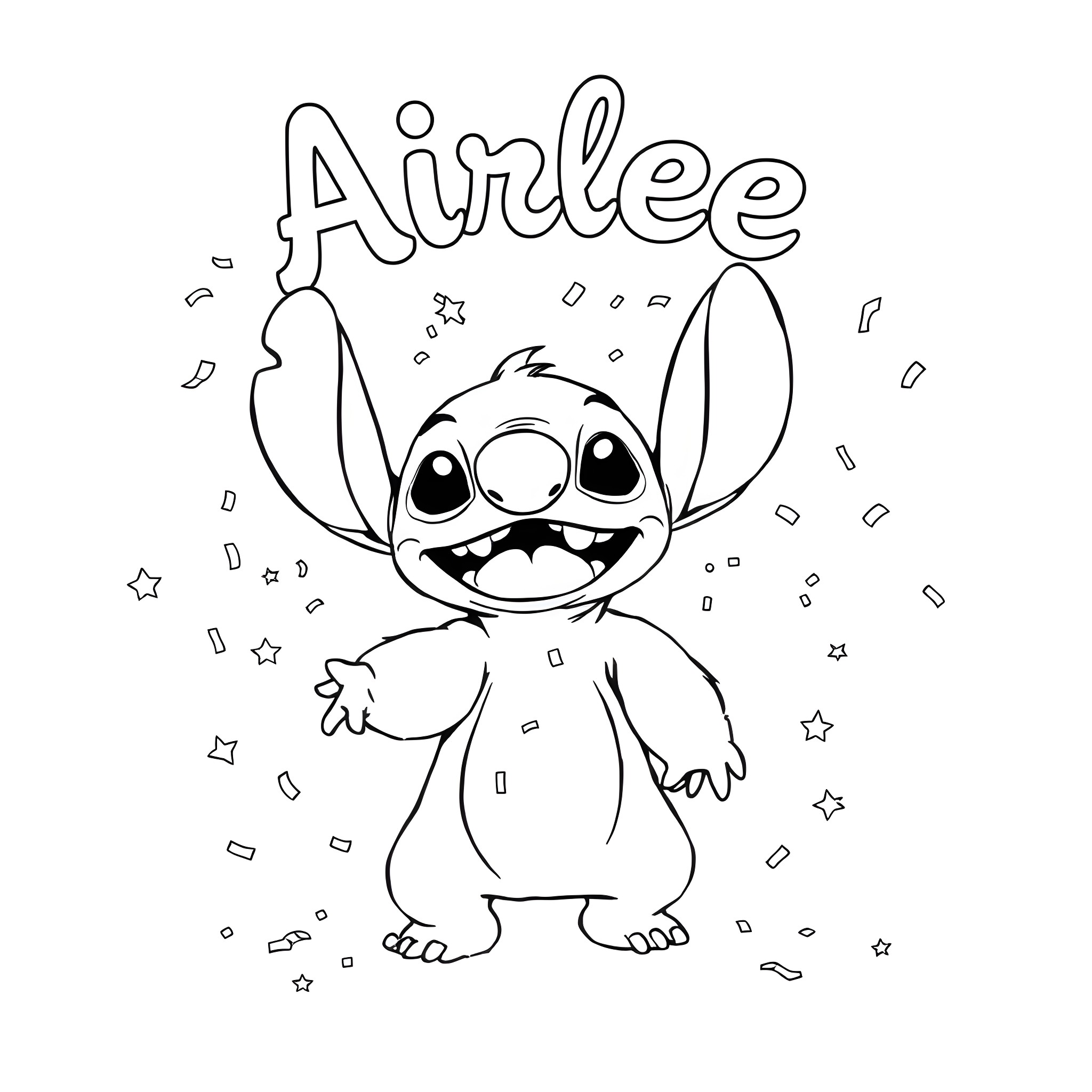 Stitch waving happily with stars Coloring Page (free black-and-white line drawing printable PDF for all, from beginners to advanced learners, including children, teens, adults, and seniors)