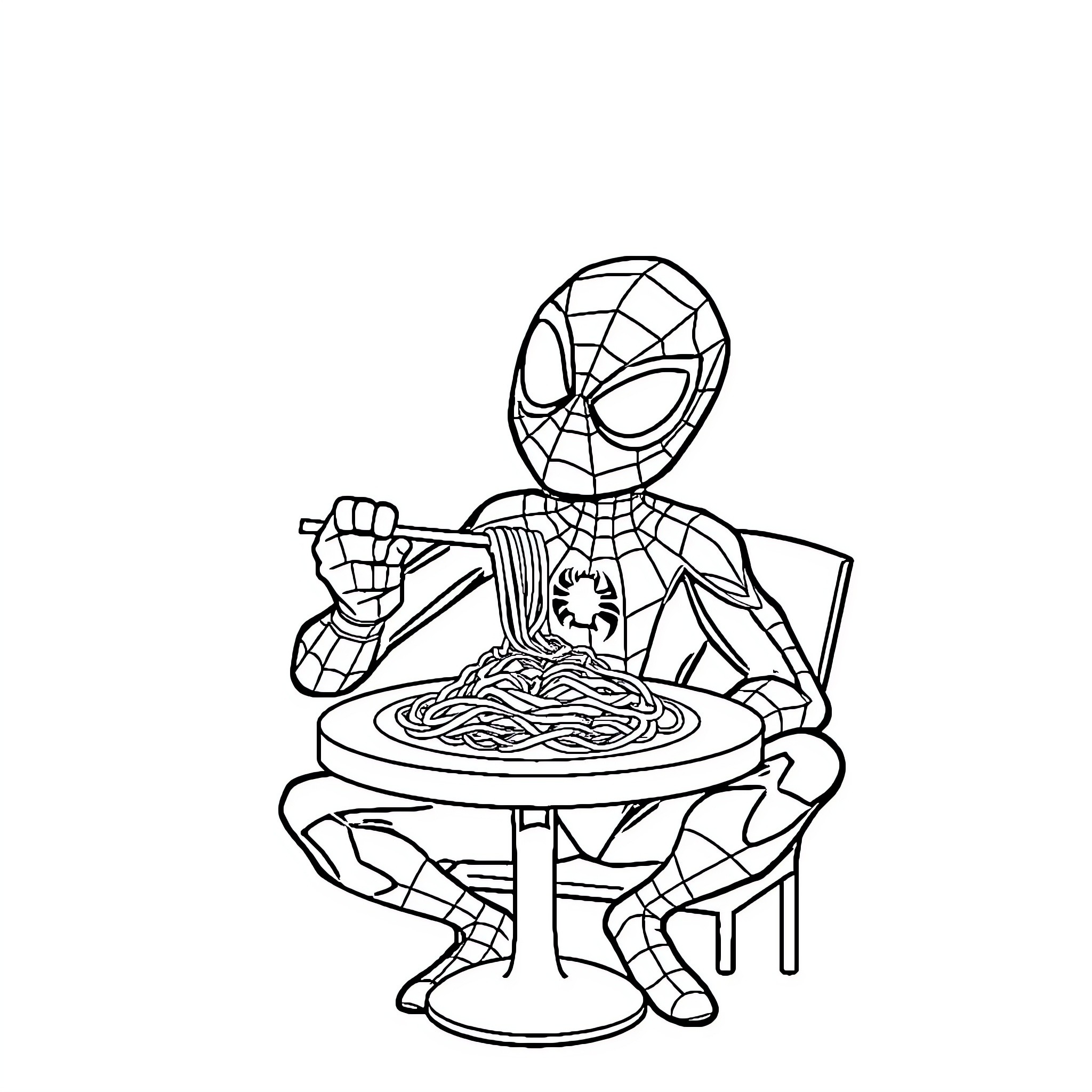 Spiderman enjoying a hearty spaghetti meal Coloring Page (free black-and-white line drawing printable PDF for all, from beginners to advanced learners, including children, teens, adults, and seniors)