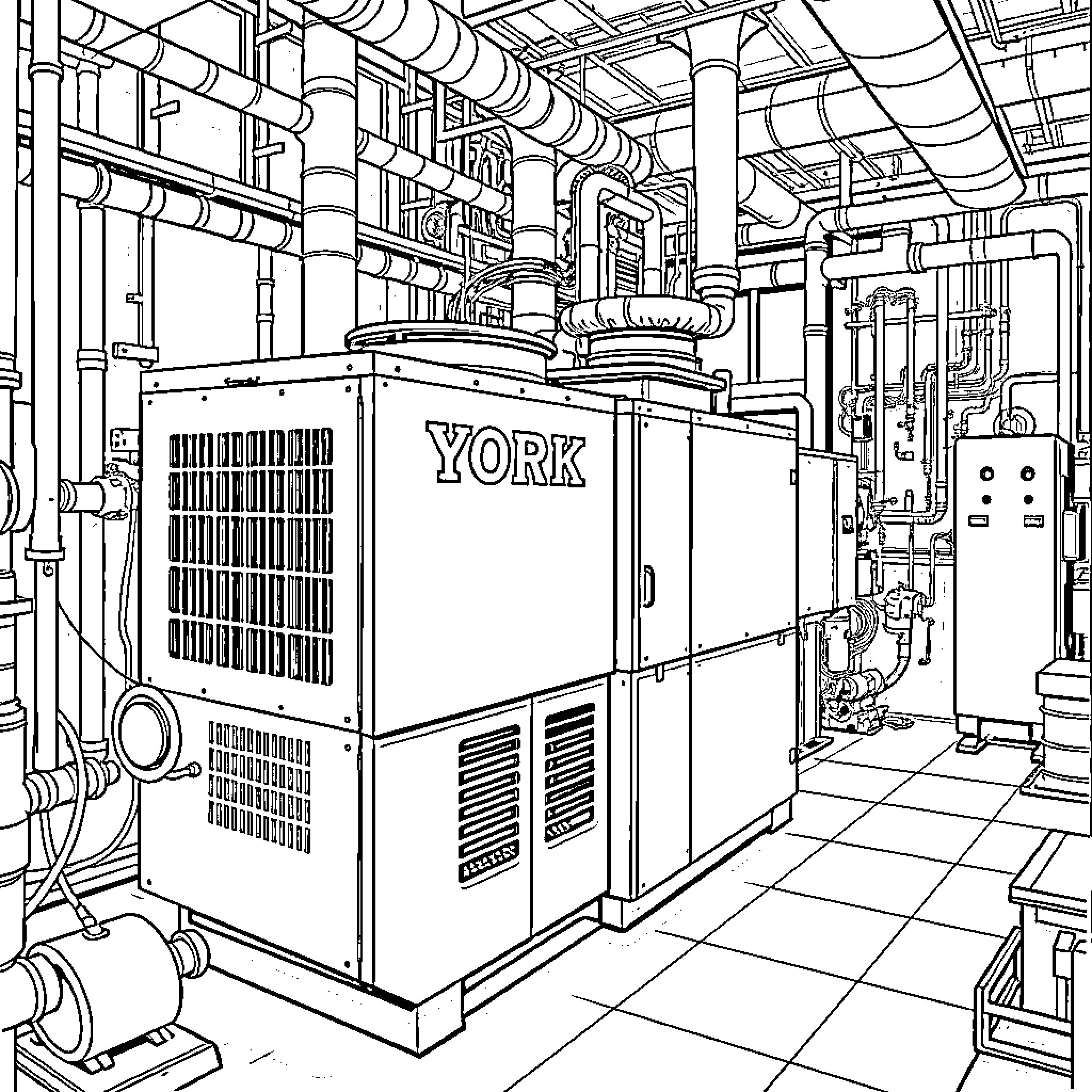 York Chiller in Industrial Mechanical Room Coloring Page (free black-and-white line drawing printable PDF for all, from beginners to advanced learners, including children, teens, adults, and seniors)
