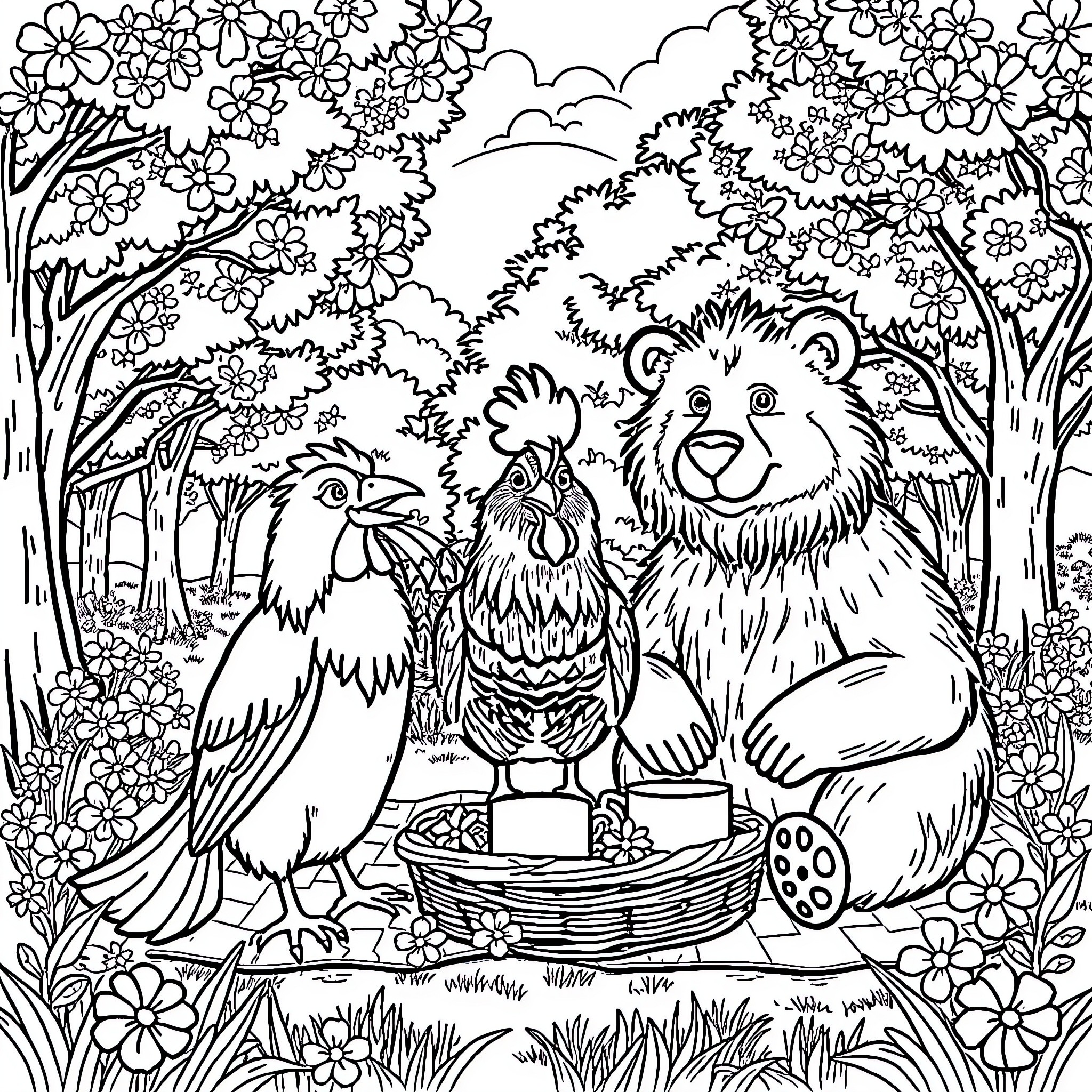 Perro y amigos animales en el bosque florido Coloring Page (free black-and-white line drawing printable PDF for all, from beginners to advanced learners, including children, teens, adults, and seniors)