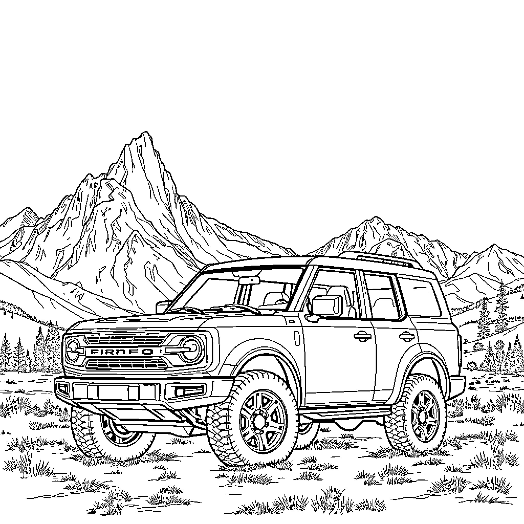 Ford Bronco Exploring Rugged Mountainous Terrain Coloring Page (free black-and-white line drawing printable PDF for all, from beginners to advanced learners, including children, teens, adults, and seniors)