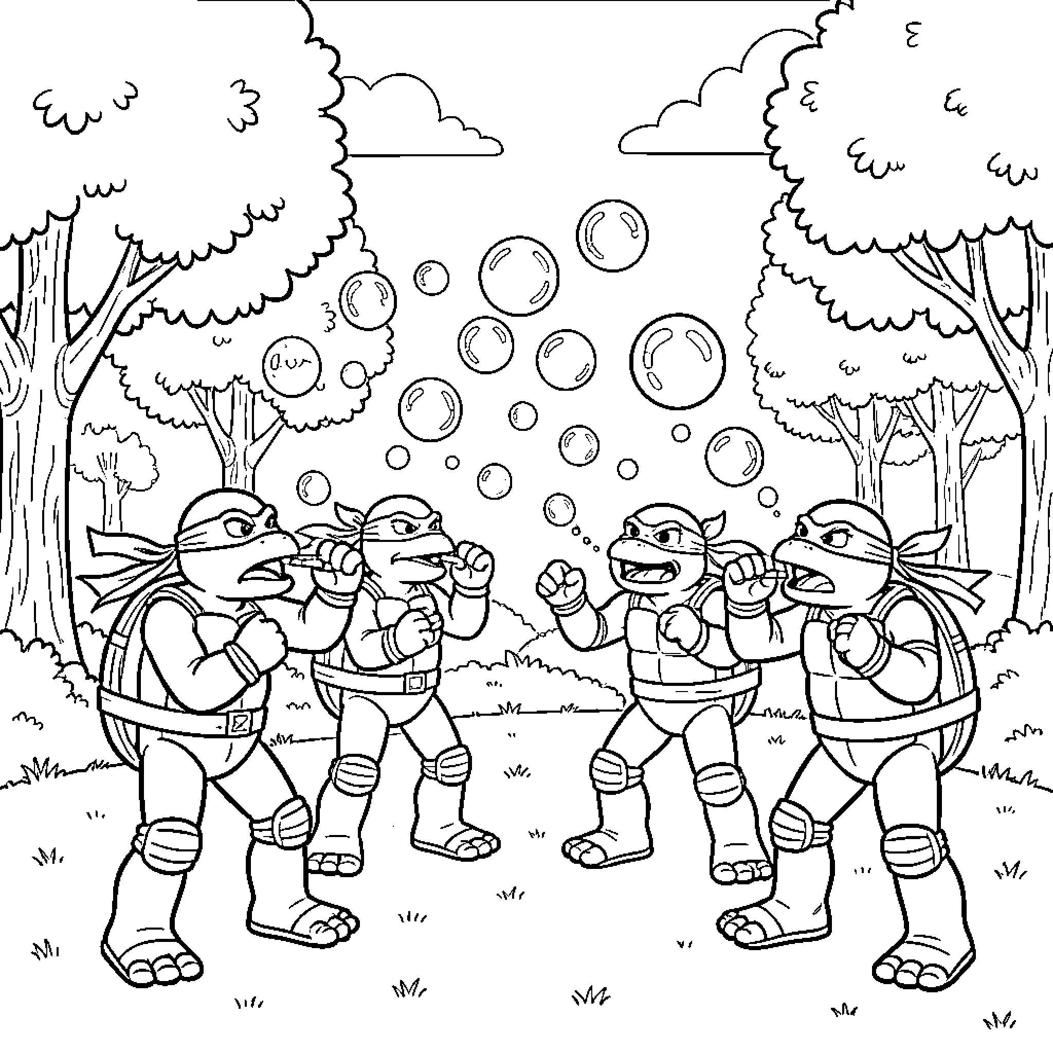 Ninja Turtles exploring the forest with bubbles Coloring Page (free black-and-white line drawing printable PDF for all, from beginners to advanced learners, including children, teens, adults, and seniors)