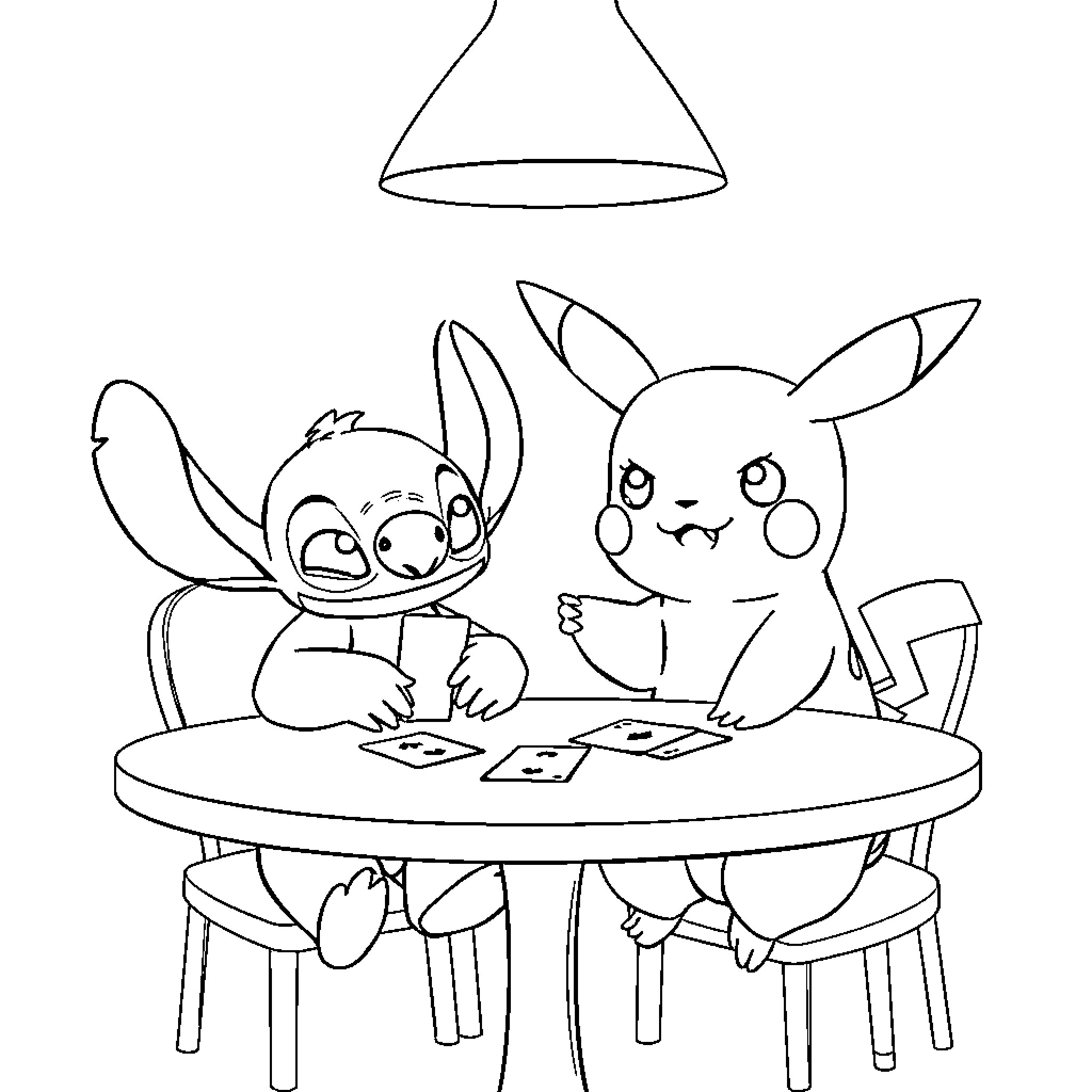 Stitch and Pikachu playing card games together Coloring Page (free black-and-white line drawing printable PDF for all, from beginners to advanced learners, including children, teens, adults, and seniors)