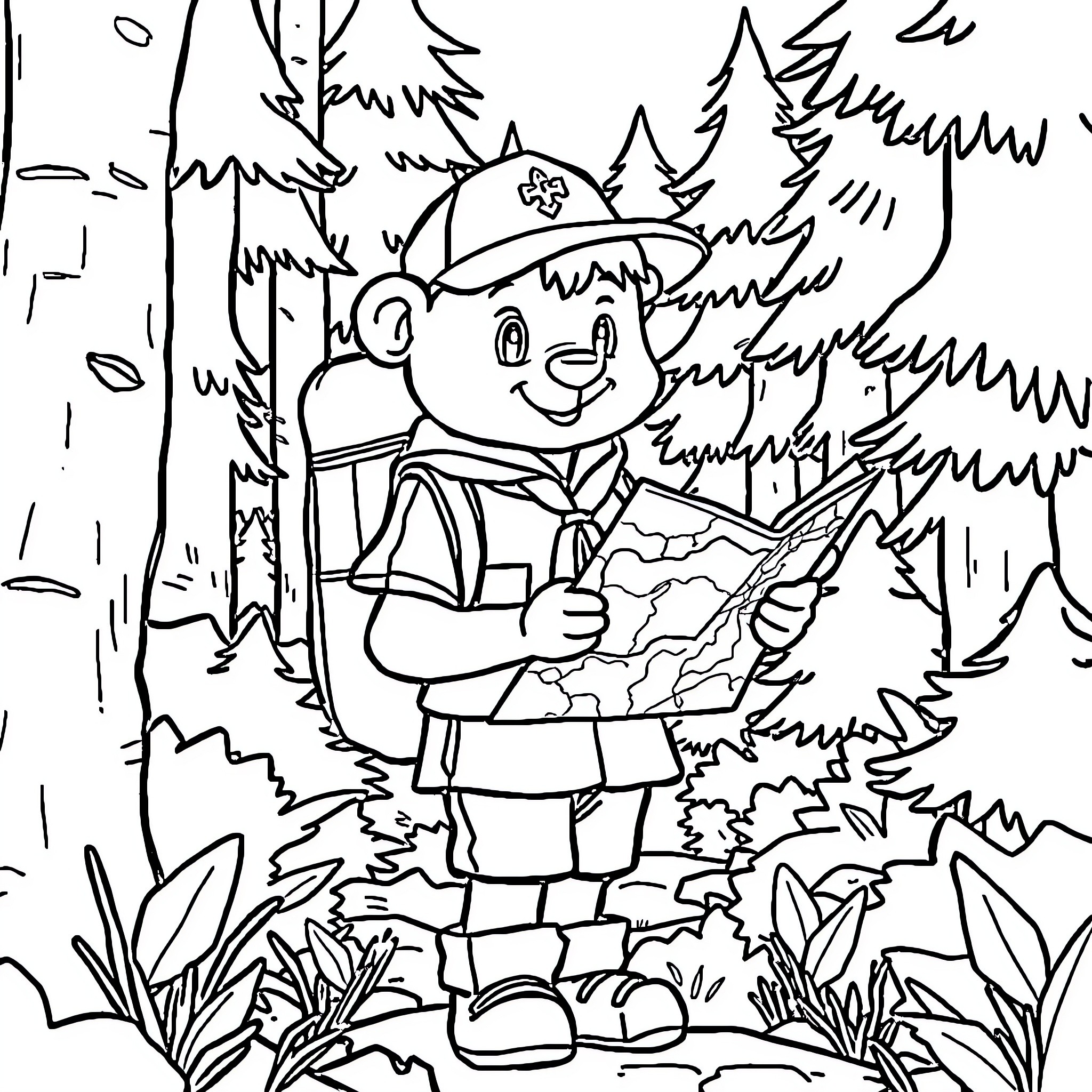 Beaver Scout exploring the forest with map Coloring Page (free black-and-white line drawing printable PDF for all, from beginners to advanced learners, including children, teens, adults, and seniors)