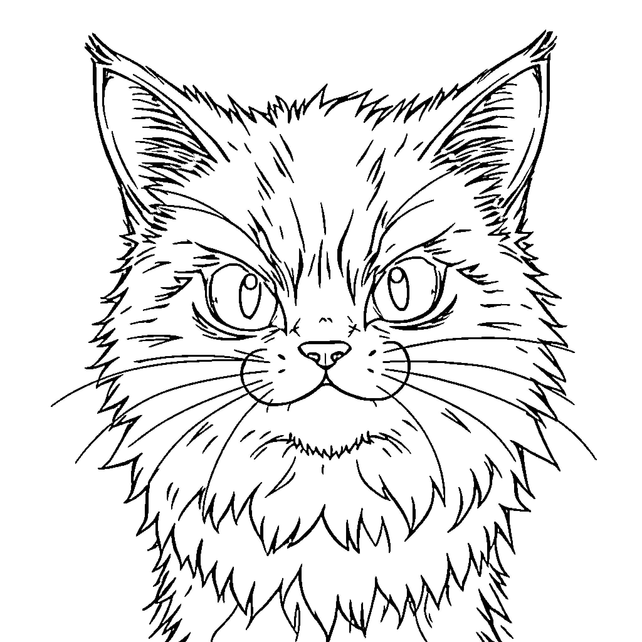 Cat with Fierce Expression Coloring Page (free black-and-white line drawing printable PDF for all, from beginners to advanced learners, including children, teens, adults, and seniors)