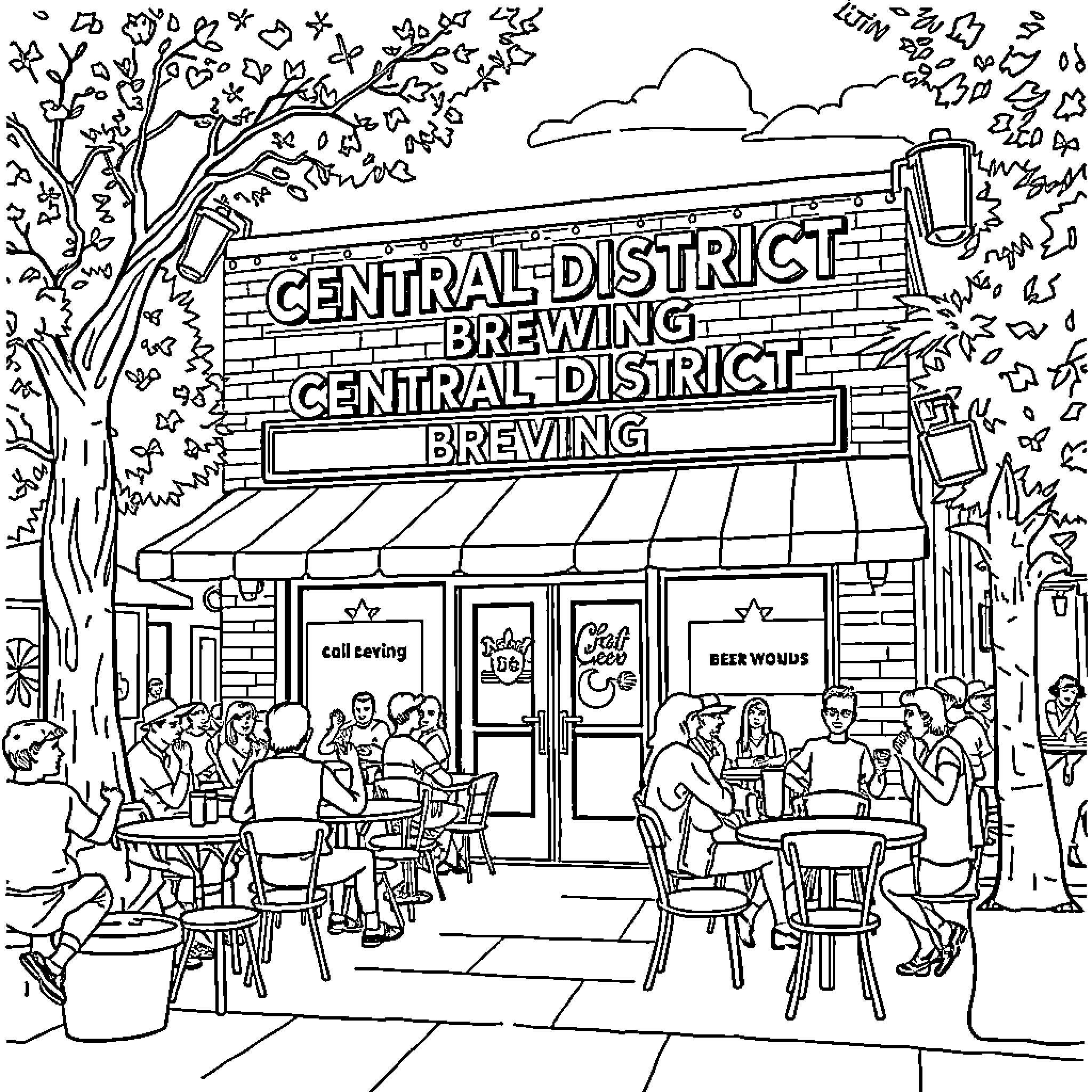 Brewing at the Central District Brewing Coloring Page (free black-and-white line drawing printable PDF for all, from beginners to advanced learners, including children, teens, adults, and seniors)