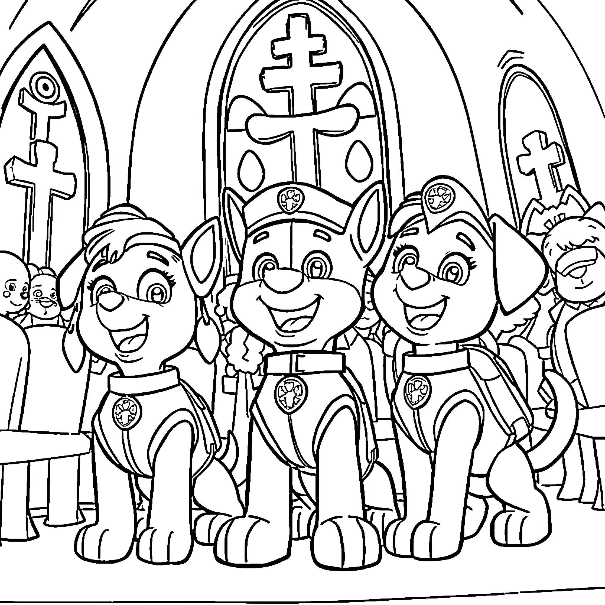 Paw Patrol characters in religious service Coloring Page (free black-and-white line drawing printable PDF for all, from beginners to advanced learners, including children, teens, adults, and seniors)