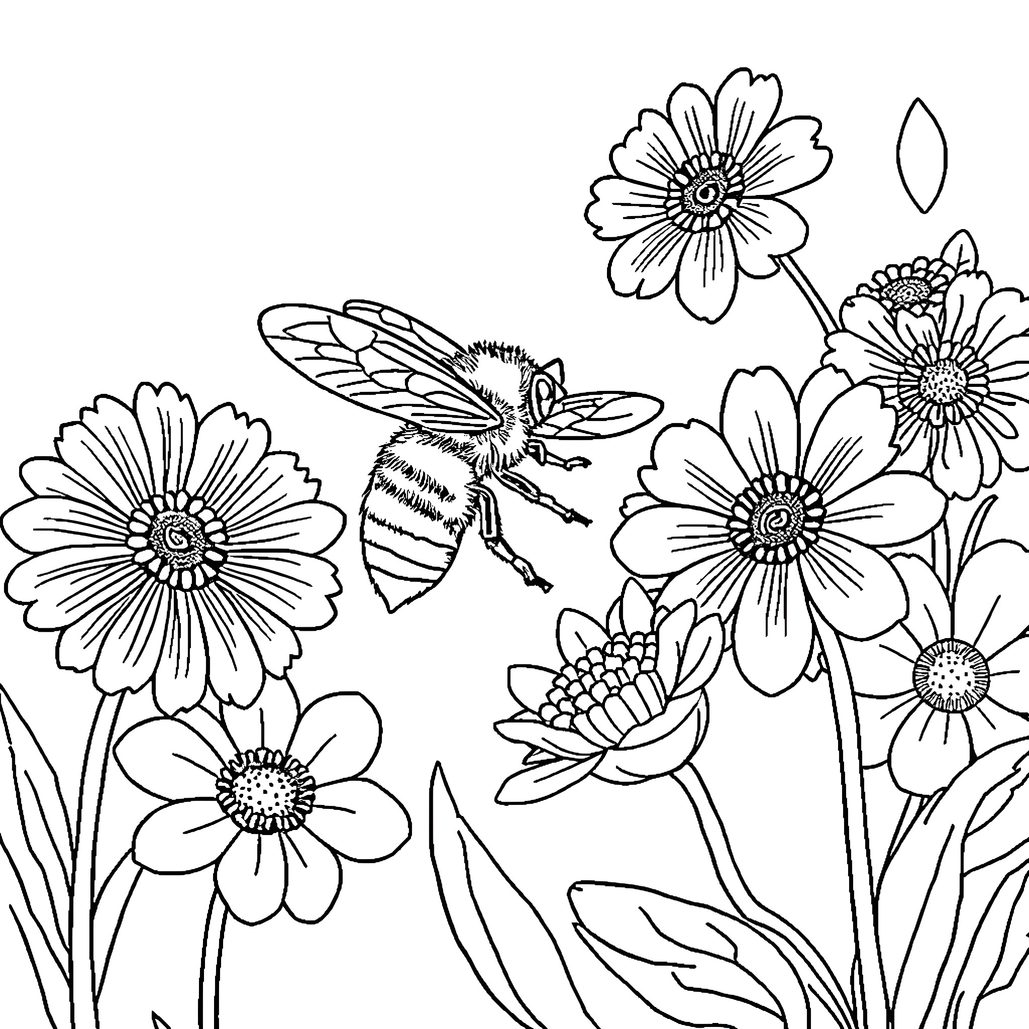 Bee hovering amidst blooming flowers Coloring Page (free black-and-white line drawing printable PDF for all, from beginners to advanced learners, including children, teens, adults, and seniors)