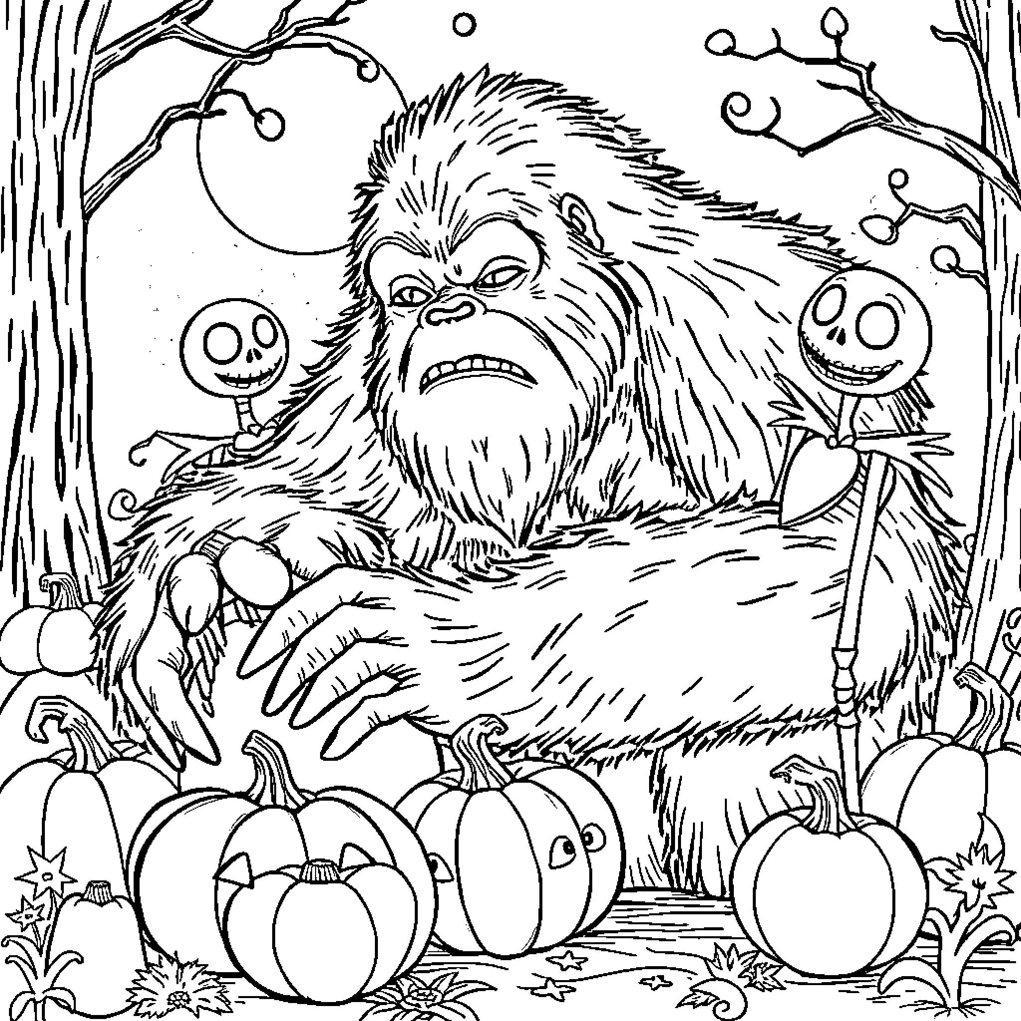 Bigfoot scaring pumpkins in the haunted forest Coloring Page (free black-and-white line drawing printable PDF for all, from beginners to advanced learners, including children, teens, adults, and seniors)