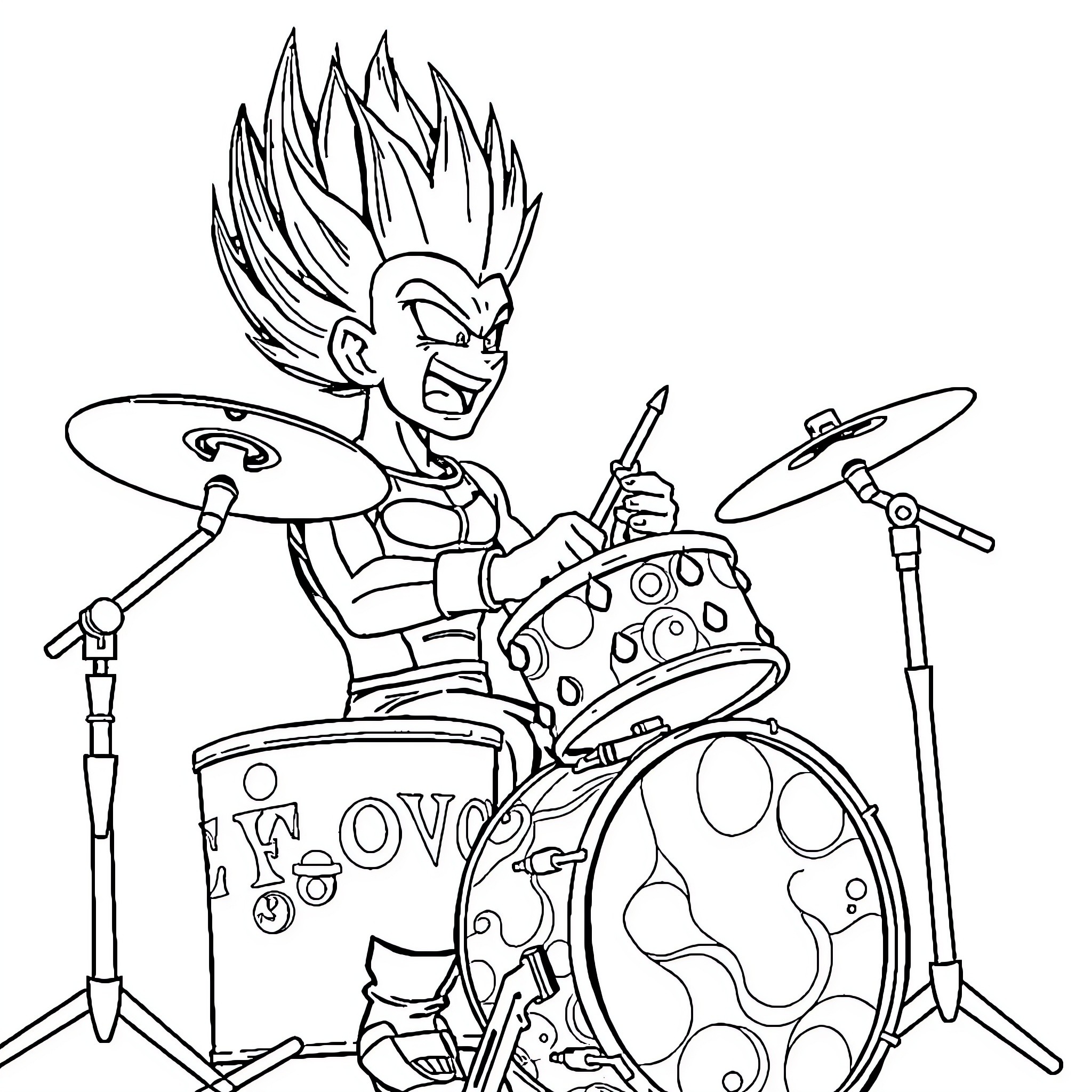 Vegeta playing the drums with energy and intensity Coloring Page (free black-and-white line drawing printable PDF for all, from beginners to advanced learners, including children, teens, adults, and seniors)