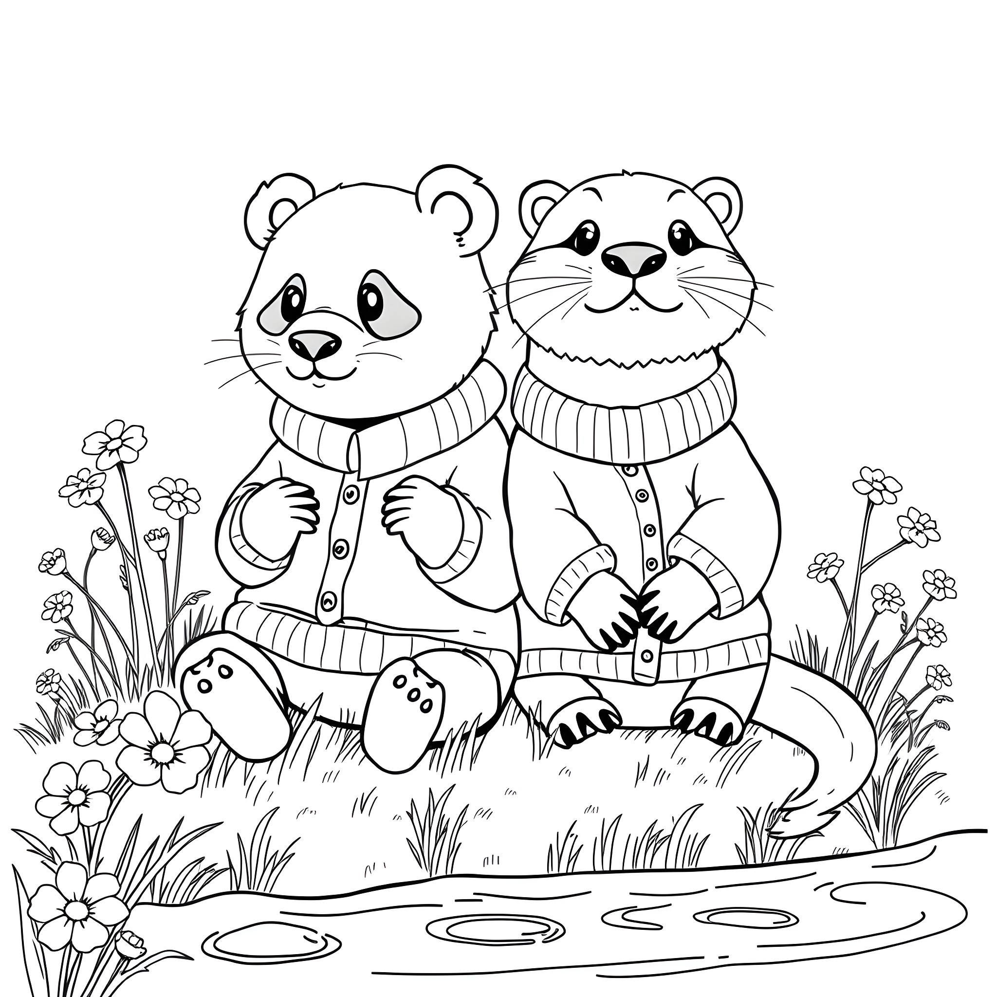 Panda bears in cozy winter outfits enjoying nature Coloring Page (free black-and-white line drawing printable PDF for all, from beginners to advanced learners, including children, teens, adults, and seniors)
