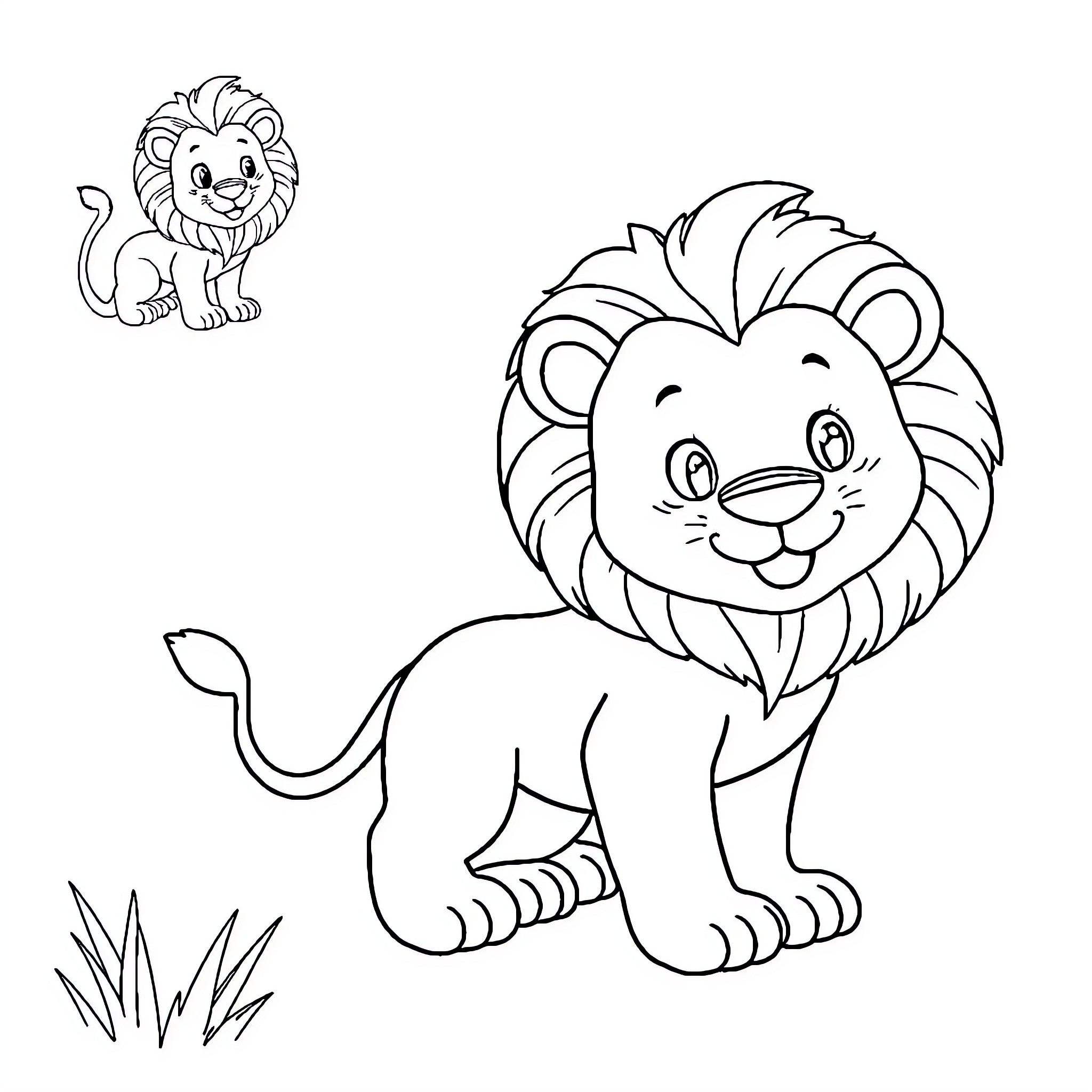 Lion Smiling Happily in the Grass Coloring Page (free black-and-white line drawing printable PDF for all, from beginners to advanced learners, including children, teens, adults, and seniors)