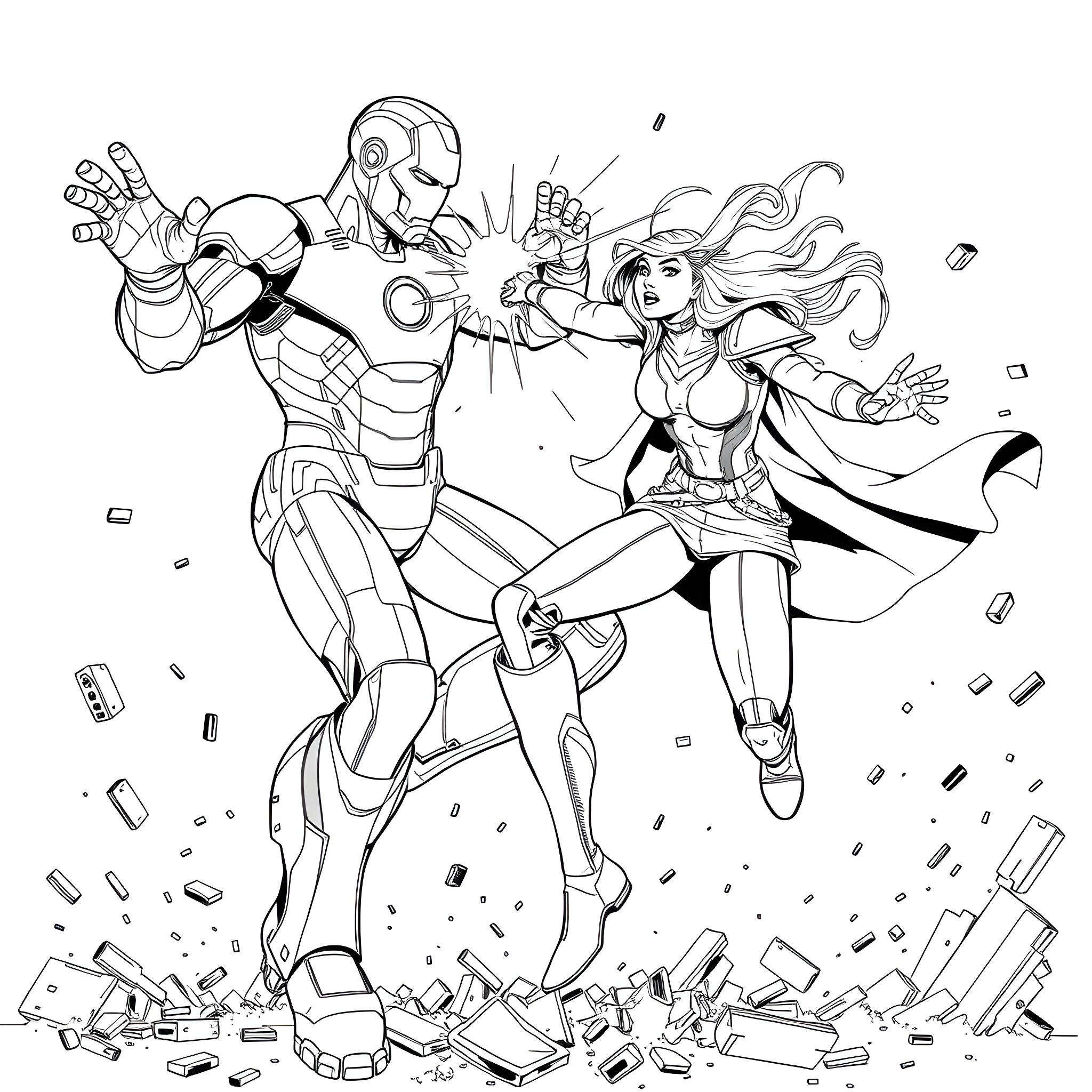Iron Man and a female superhero in action battle Coloring Page (free black-and-white line drawing printable PDF for all, from beginners to advanced learners, including children, teens, adults, and seniors)