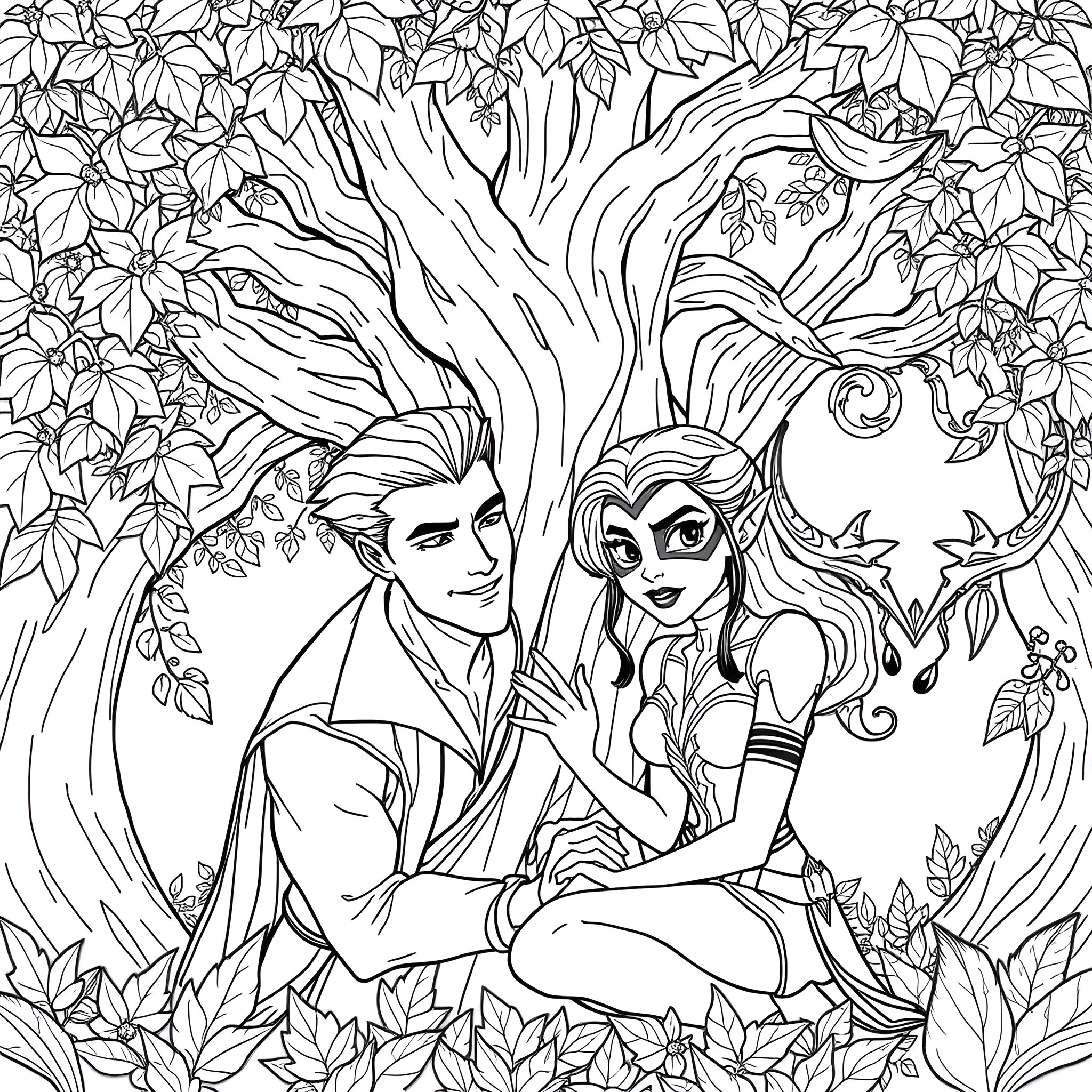 Loki and Sylvie in a Magical Forest Coloring Page (free black-and-white line drawing printable PDF for all, from beginners to advanced learners, including children, teens, adults, and seniors)