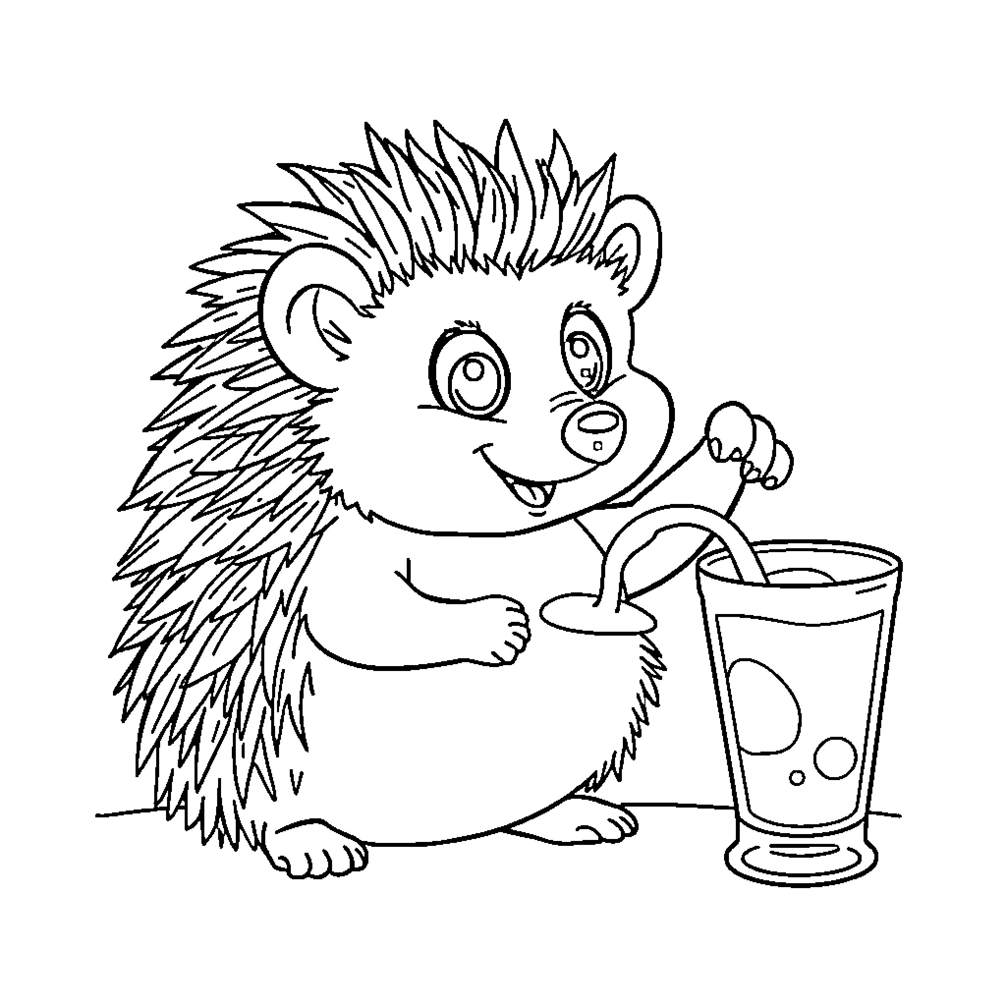 Hedgehog enjoying a refreshing drink Coloring Page (free black-and-white line drawing printable PDF for all, from beginners to advanced learners, including children, teens, adults, and seniors)