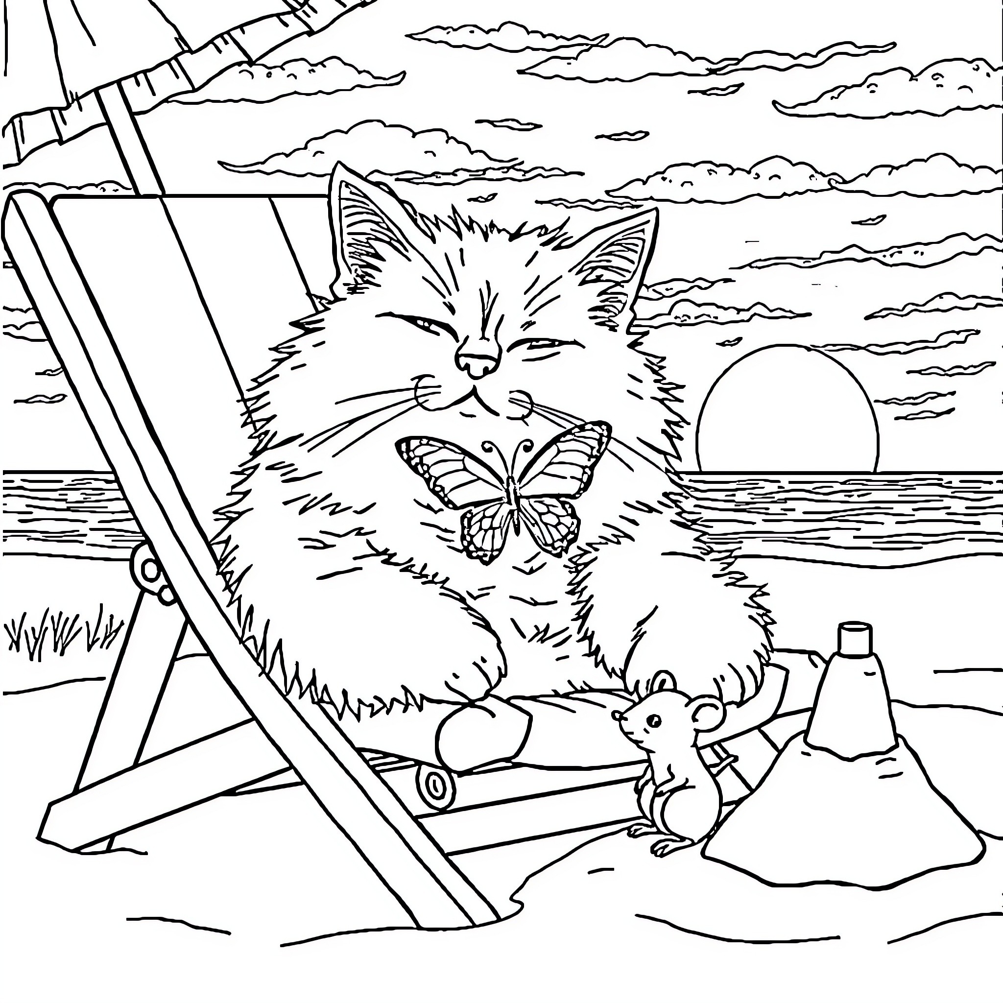 Cat relaxing on beach chair with butterfly friend Coloring Page (free black-and-white line drawing printable PDF for all, from beginners to advanced learners, including children, teens, adults, and seniors)
