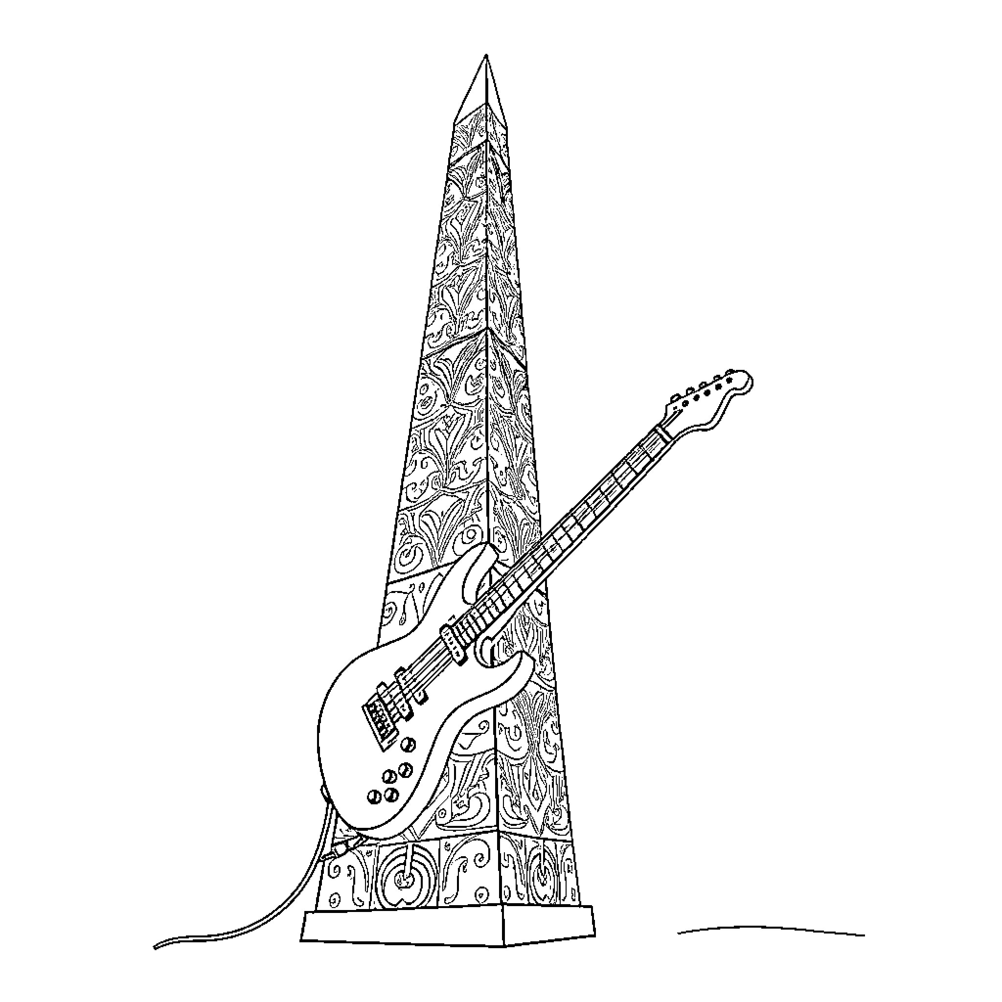 Obelisk with intricate guitar design Coloring Page (free black-and-white line drawing printable PDF for all, from beginners to advanced learners, including children, teens, adults, and seniors)