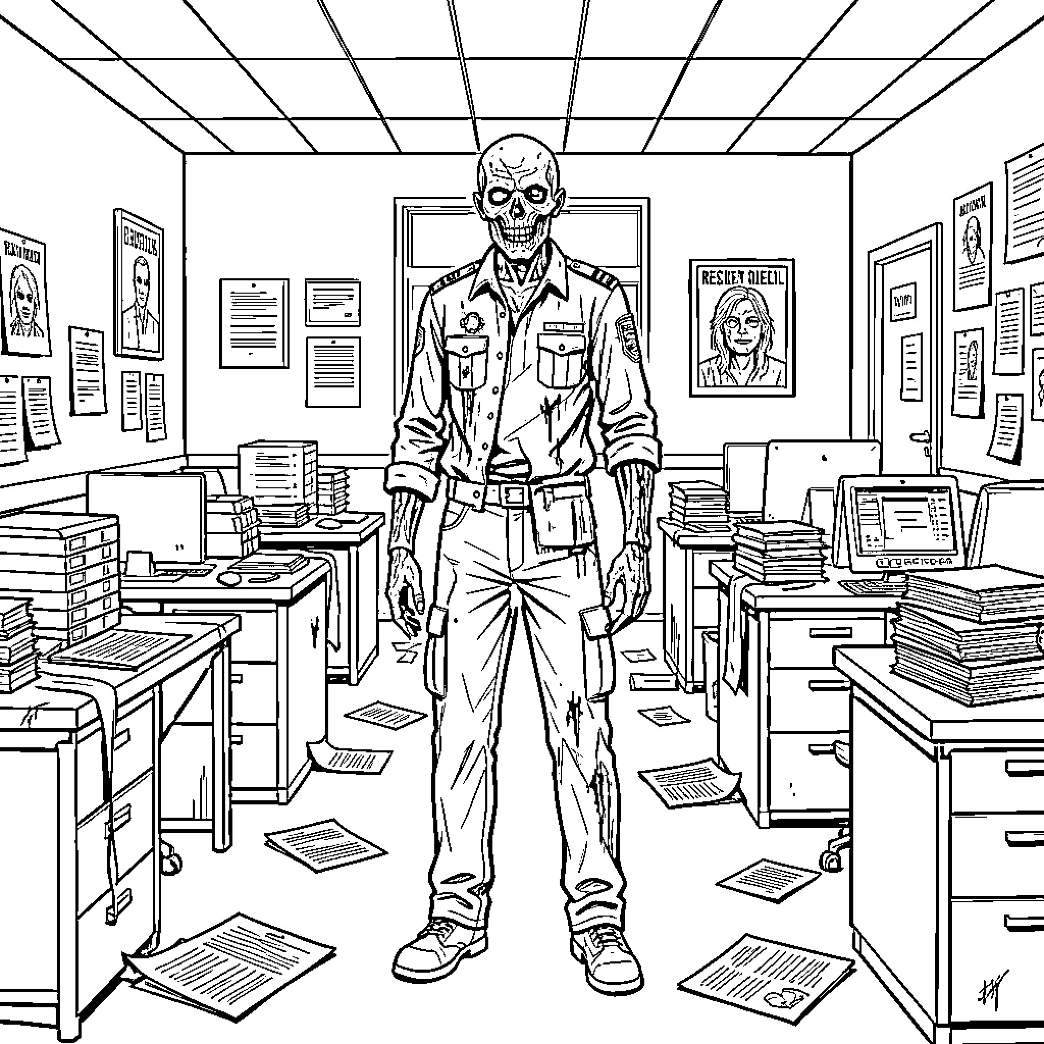 Zombie Occupying an Office Space Coloring Page (free black-and-white line drawing printable PDF for all, from beginners to advanced learners, including children, teens, adults, and seniors)
