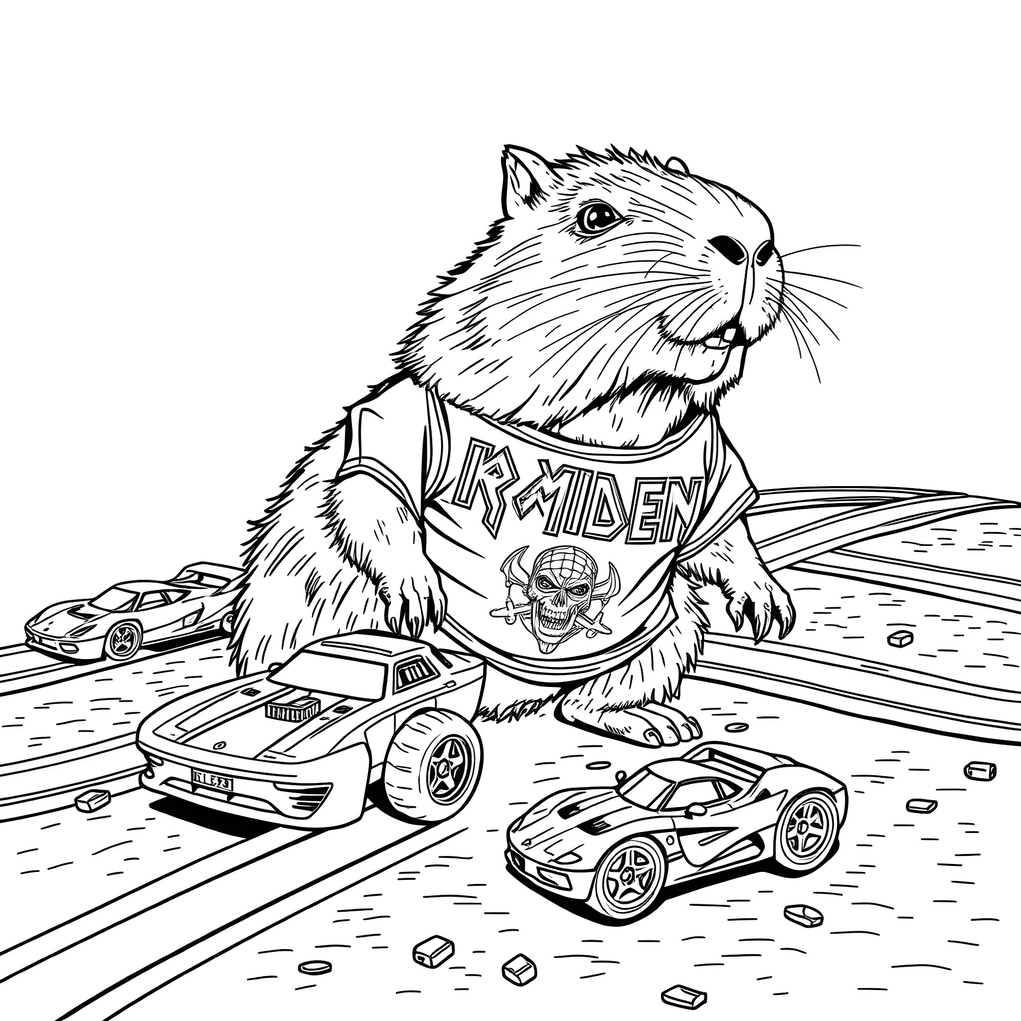 Capybara dressed in a metal band t-shirt playing with toy cars Coloring Page (free black-and-white line drawing printable PDF for all, from beginners to advanced learners, including children, teens, adults, and seniors)