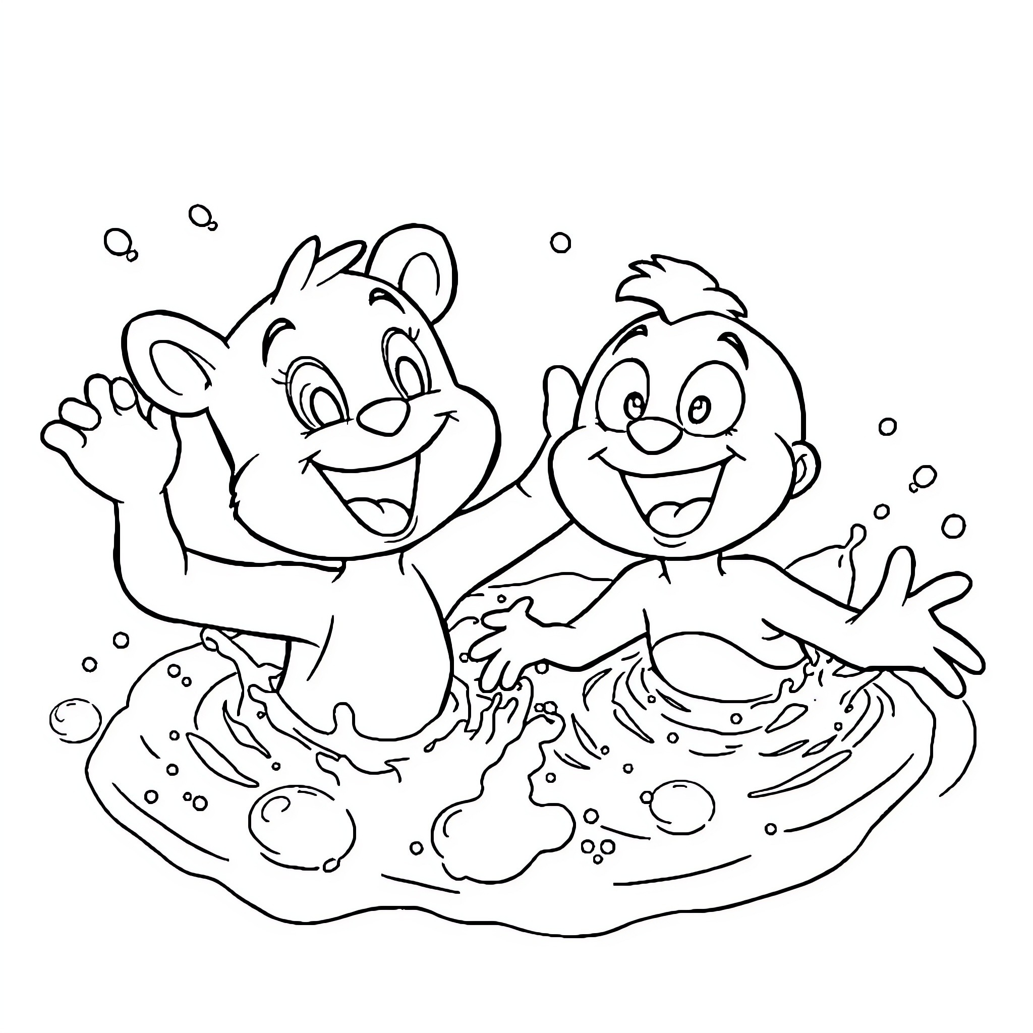 Bluey and friend playing in puddle happily Coloring Page (free black-and-white line drawing printable PDF for all, from beginners to advanced learners, including children, teens, adults, and seniors)