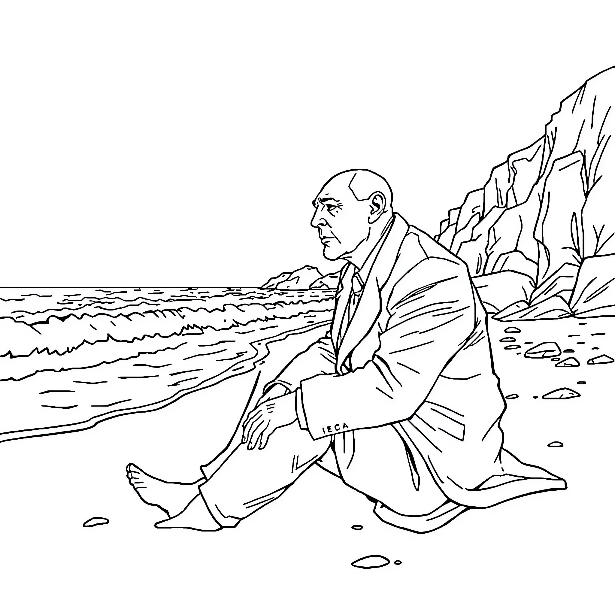 President Contemplating the Seaside Landscape Coloring Page (free black-and-white line drawing printable PDF for all, from beginners to advanced learners, including children, teens, adults, and seniors)