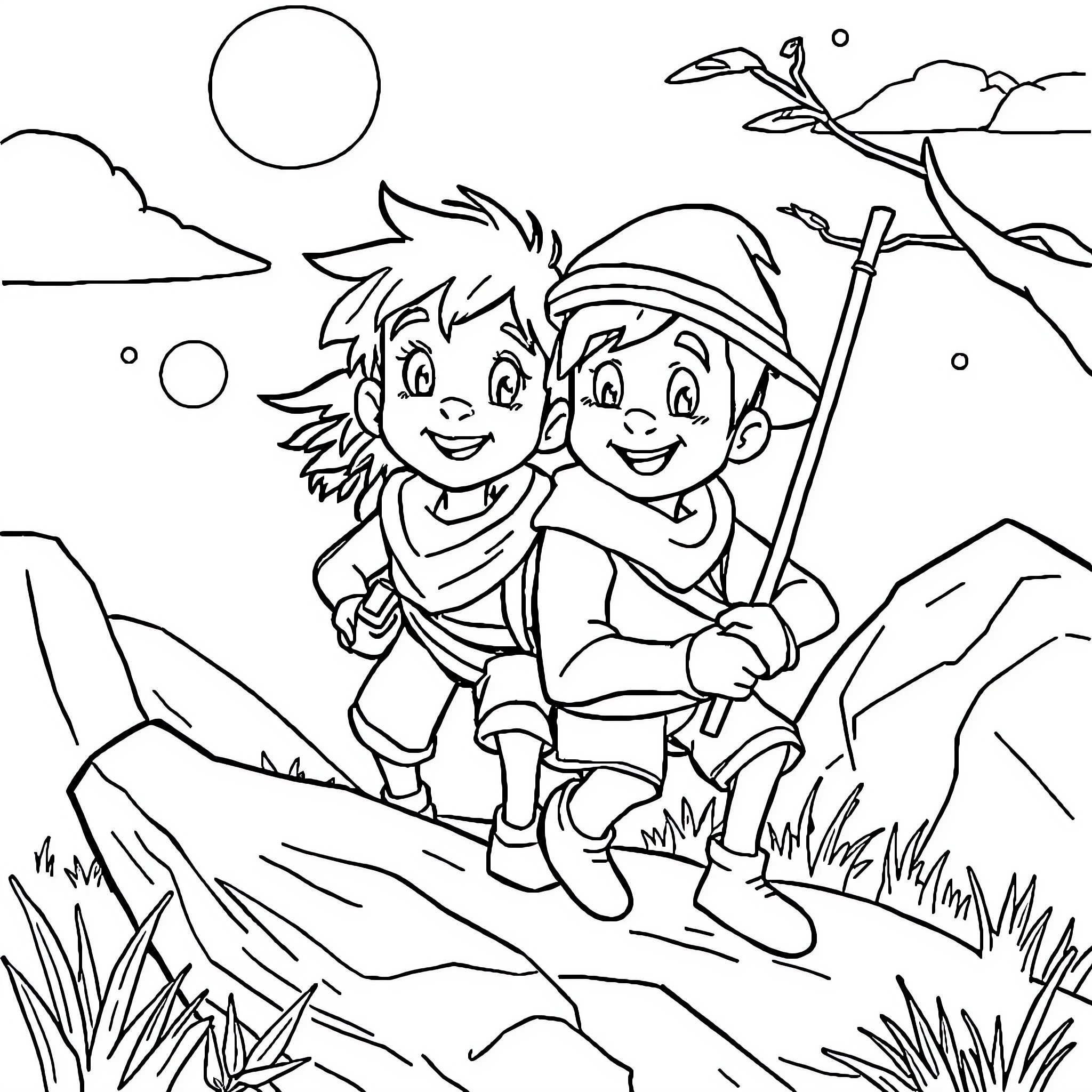Simon and friend hiking through the mountains Coloring Page (free black-and-white line drawing printable PDF for all, from beginners to advanced learners, including children, teens, adults, and seniors)