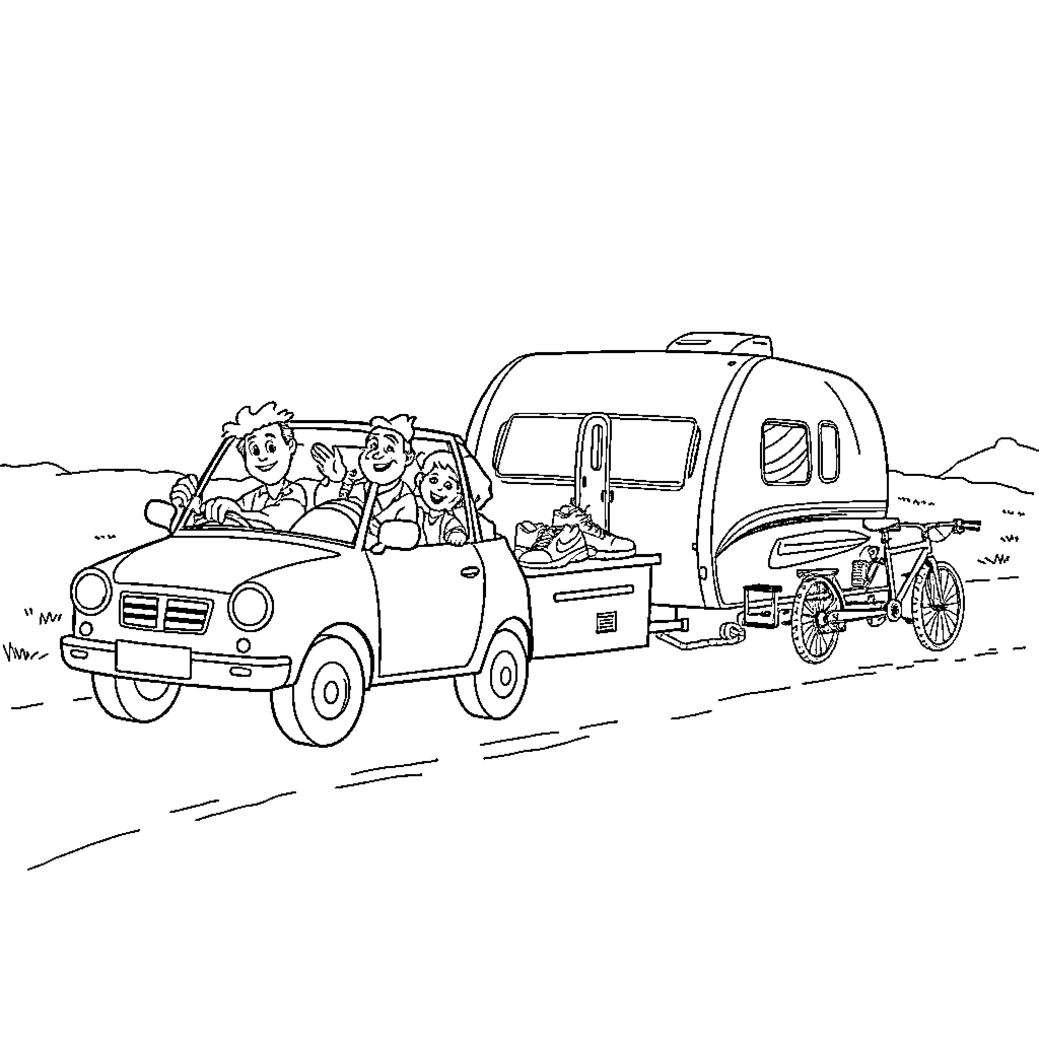 Car with Family Traveling on Road with Trailer Coloring Page (free black-and-white line drawing printable PDF for all, from beginners to advanced learners, including children, teens, adults, and seniors)