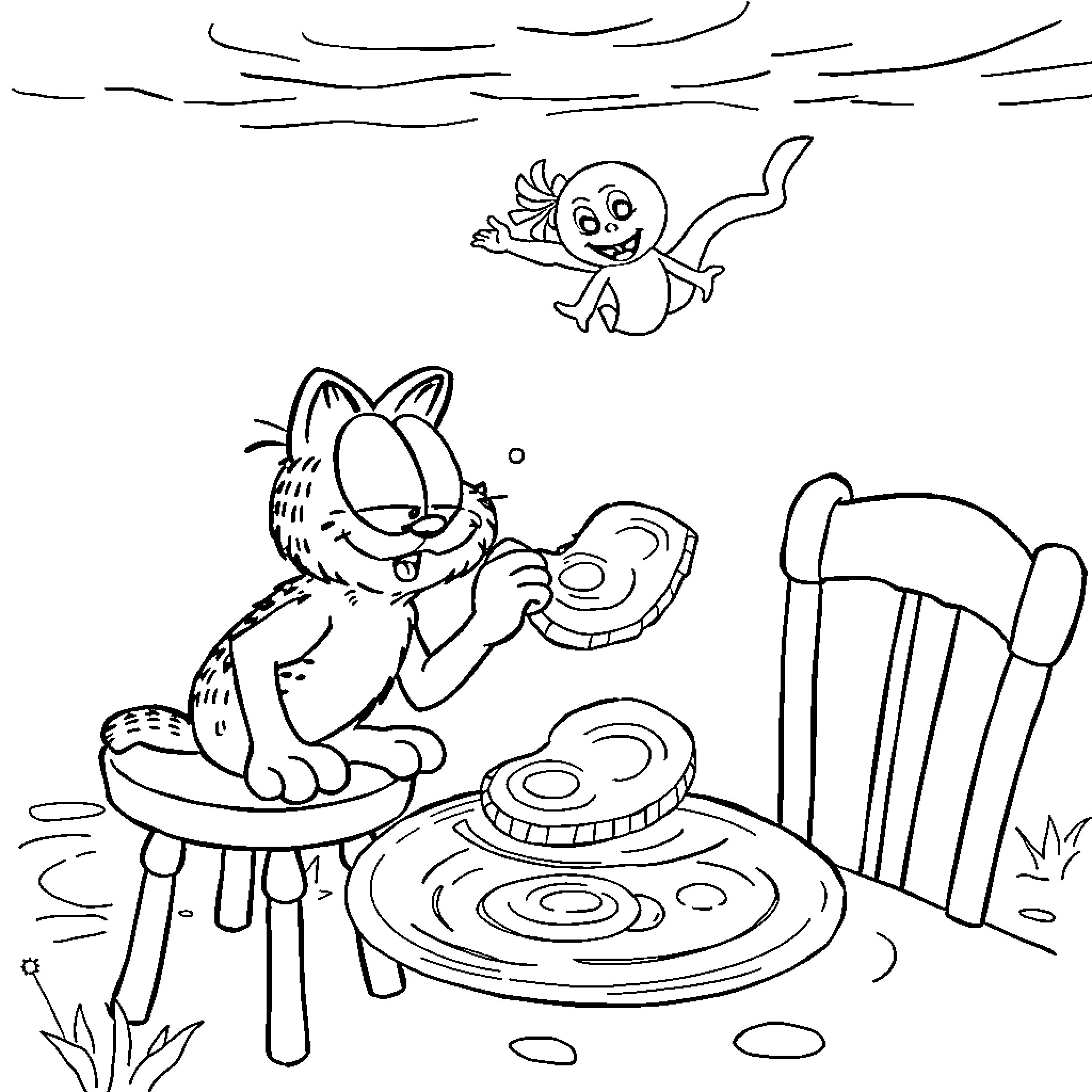 Garfield playing with a friendly creature in the outdoors Coloring Page (free black-and-white line drawing printable PDF for all, from beginners to advanced learners, including children, teens, adults, and seniors)