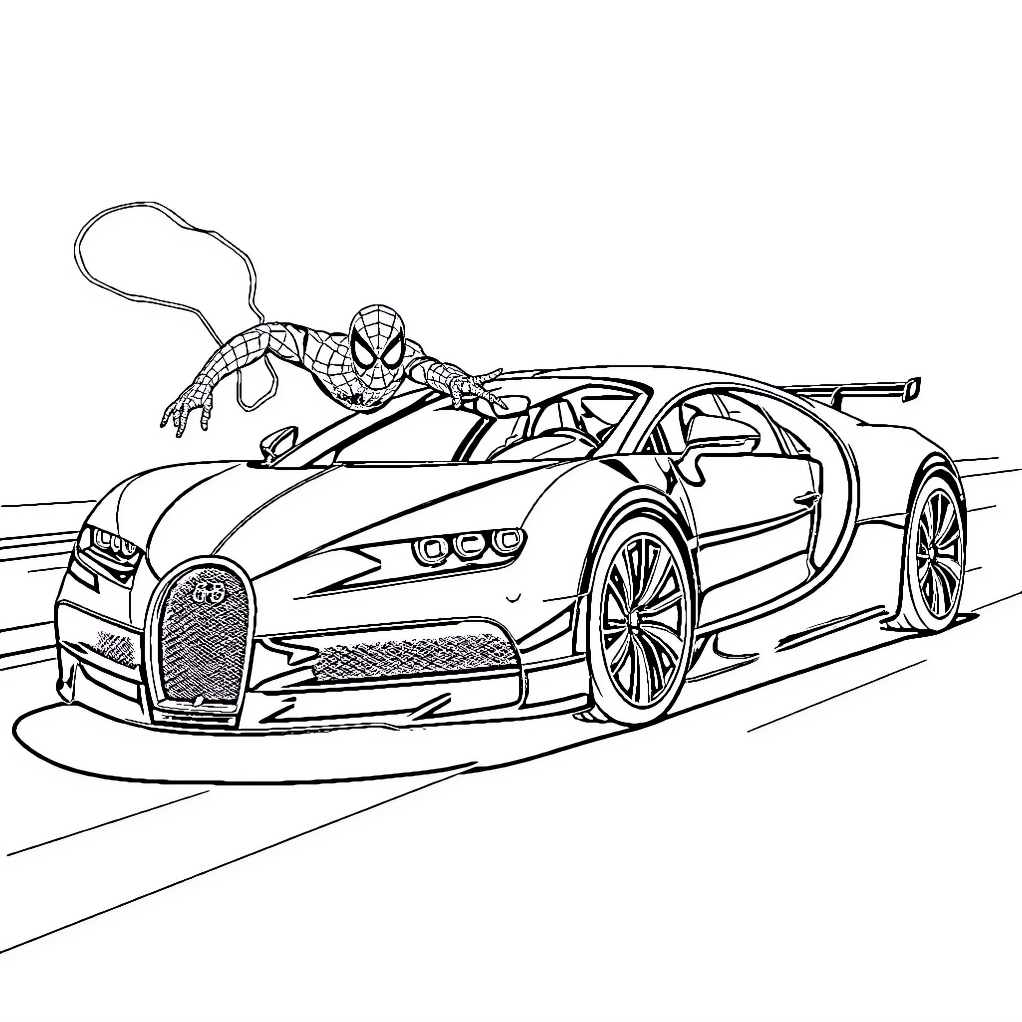 Spiderman swinging above a high-speed sports car Coloring Page (free black-and-white line drawing printable PDF for all, from beginners to advanced learners, including children, teens, adults, and seniors)