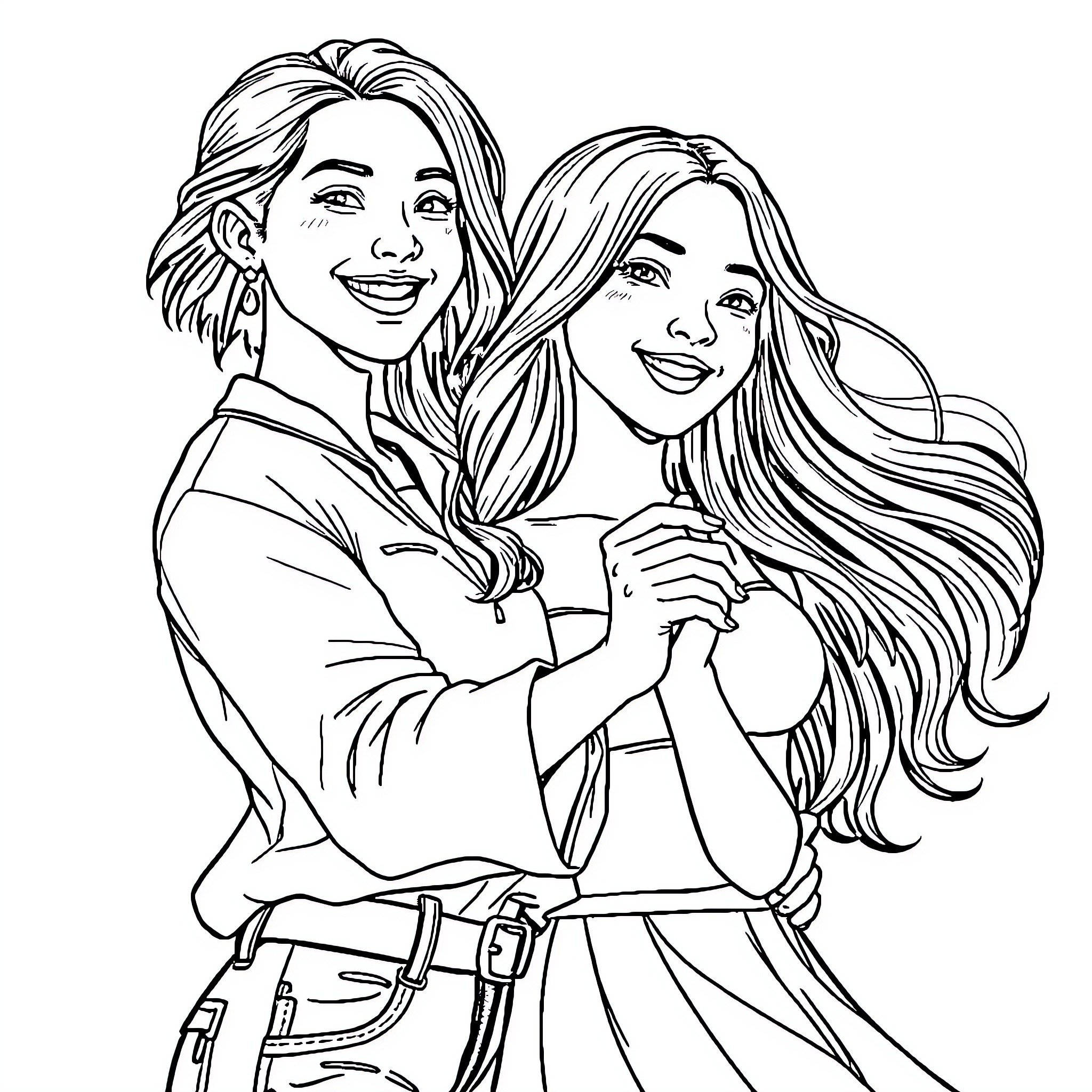 Girlfriend Posing Together in Casual Outfits Coloring Page (free black-and-white line drawing printable PDF for all, from beginners to advanced learners, including children, teens, adults, and seniors)