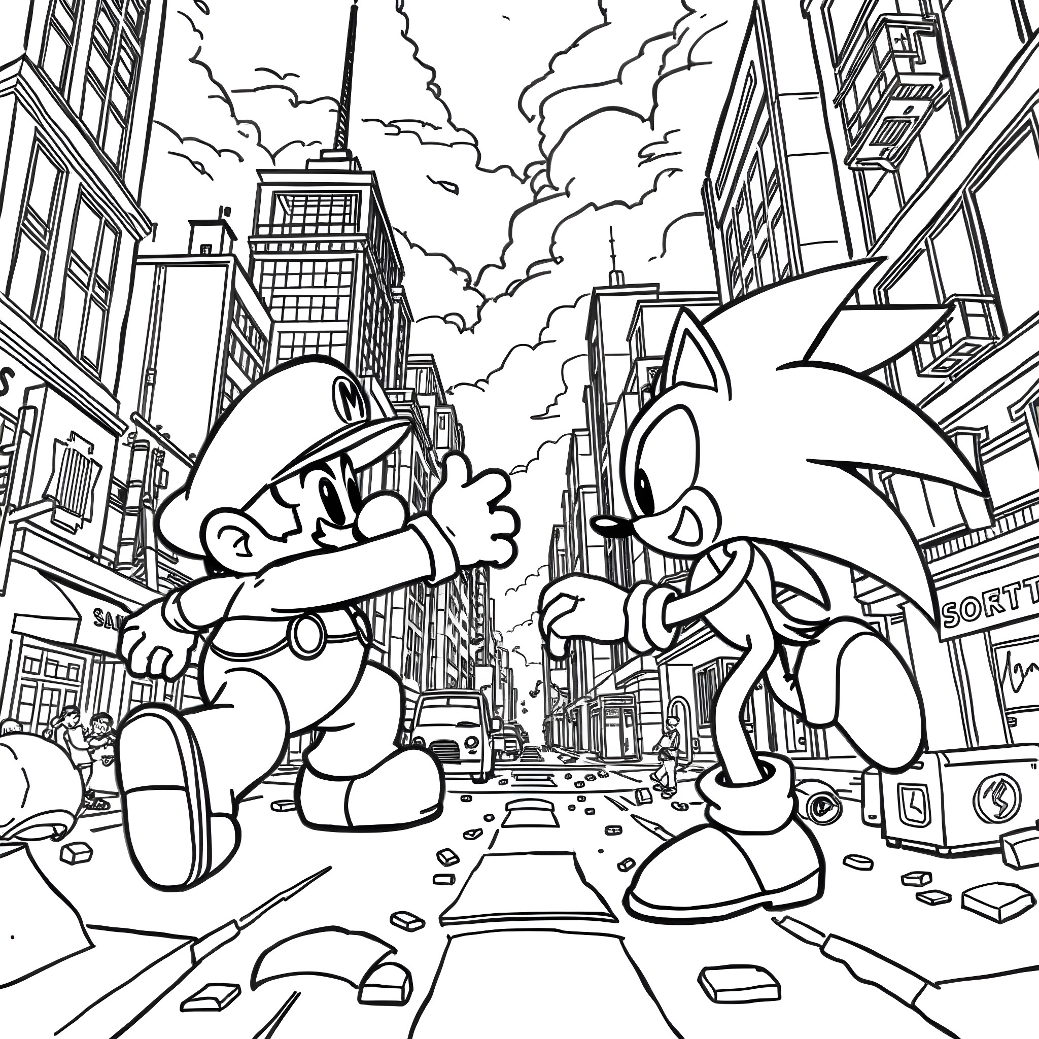 Mario and Sonic in the bustling city Coloring Page (free black-and-white line drawing printable PDF for all, from beginners to advanced learners, including children, teens, adults, and seniors)
