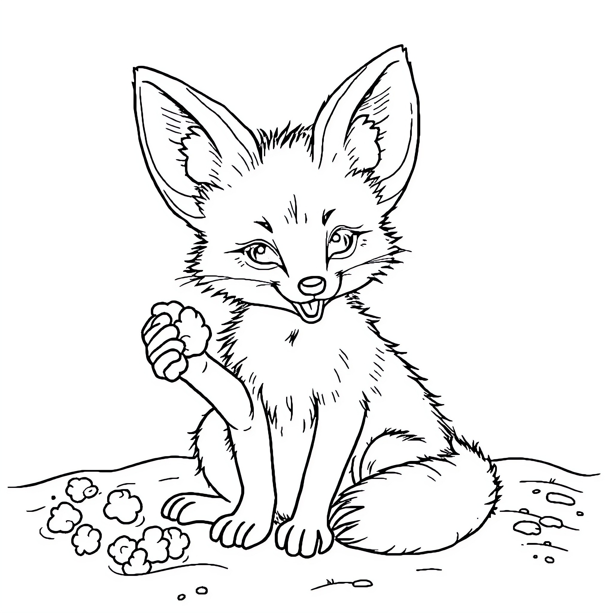 Fennec Fox playing in the wilderness Coloring Page (free black-and-white line drawing printable PDF for all, from beginners to advanced learners, including children, teens, adults, and seniors)