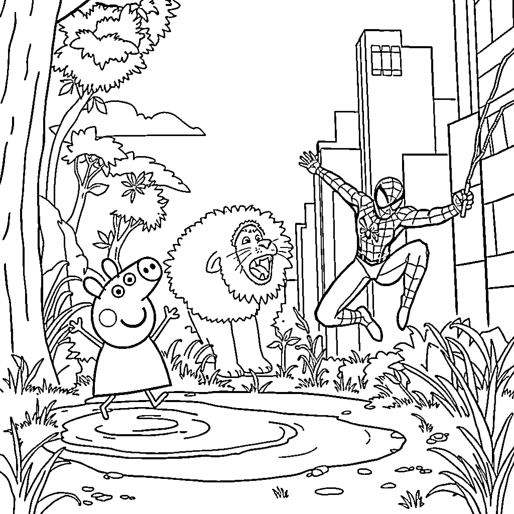 Peppa Pig and Spiderman explore the city landscape Coloring Page (free black-and-white line drawing printable PDF for all, from beginners to advanced learners, including children, teens, adults, and seniors)