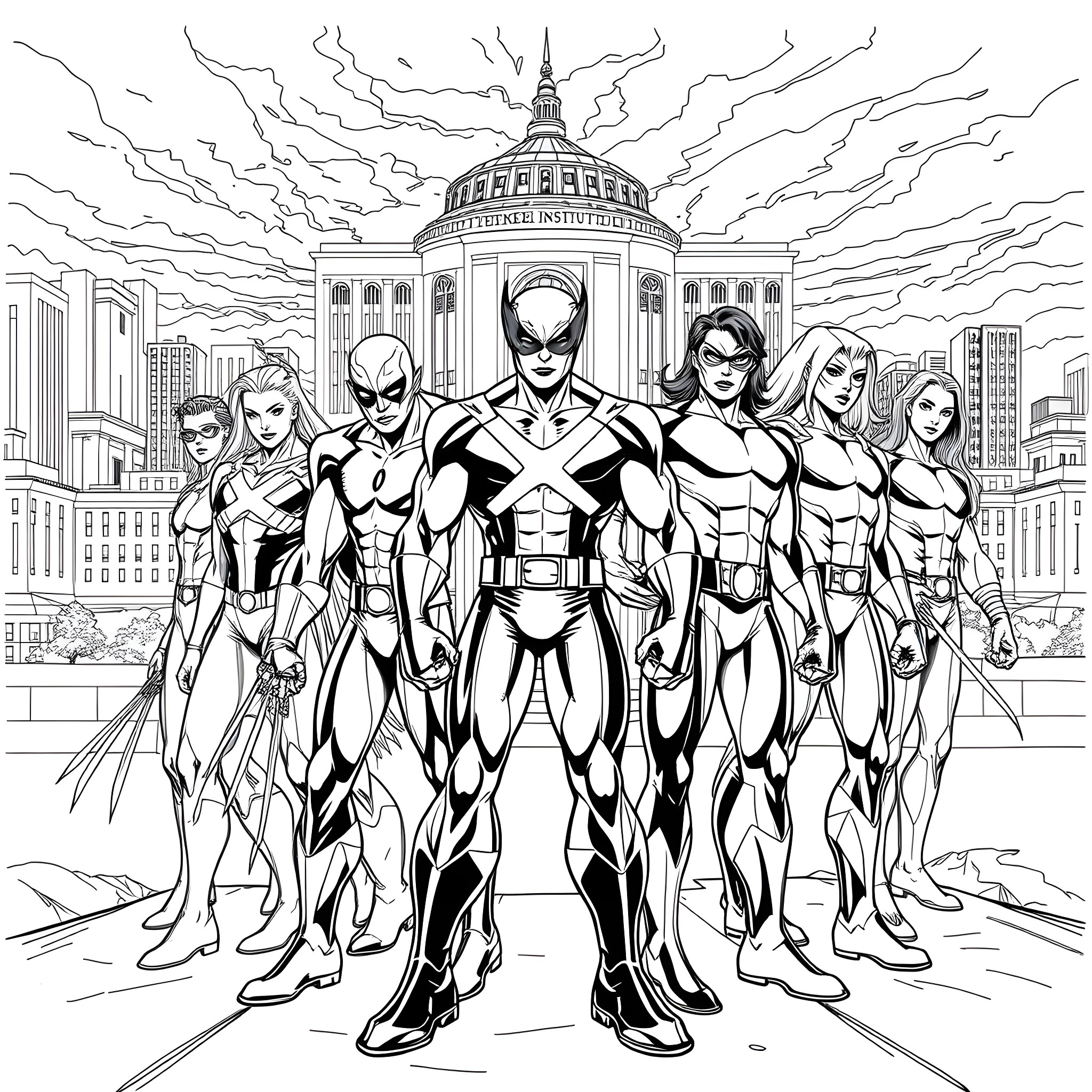 X-Men Assembled in Front of Iconic City Skyline Coloring Page (free black-and-white line drawing printable PDF for all, from beginners to advanced learners, including children, teens, adults, and seniors)