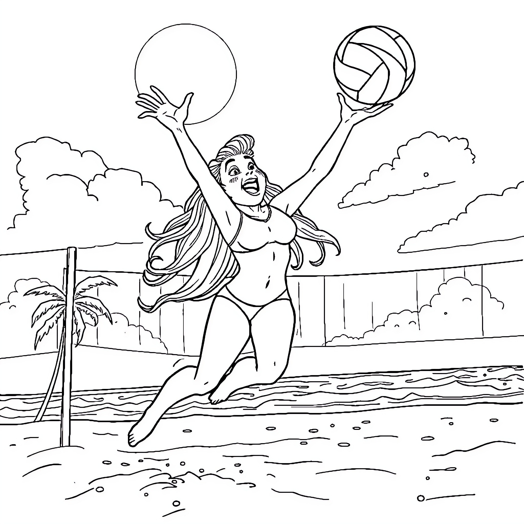 Loona playing volleyball by the beach Coloring Page (free black-and-white line drawing printable PDF for all, from beginners to advanced learners, including children, teens, adults, and seniors)