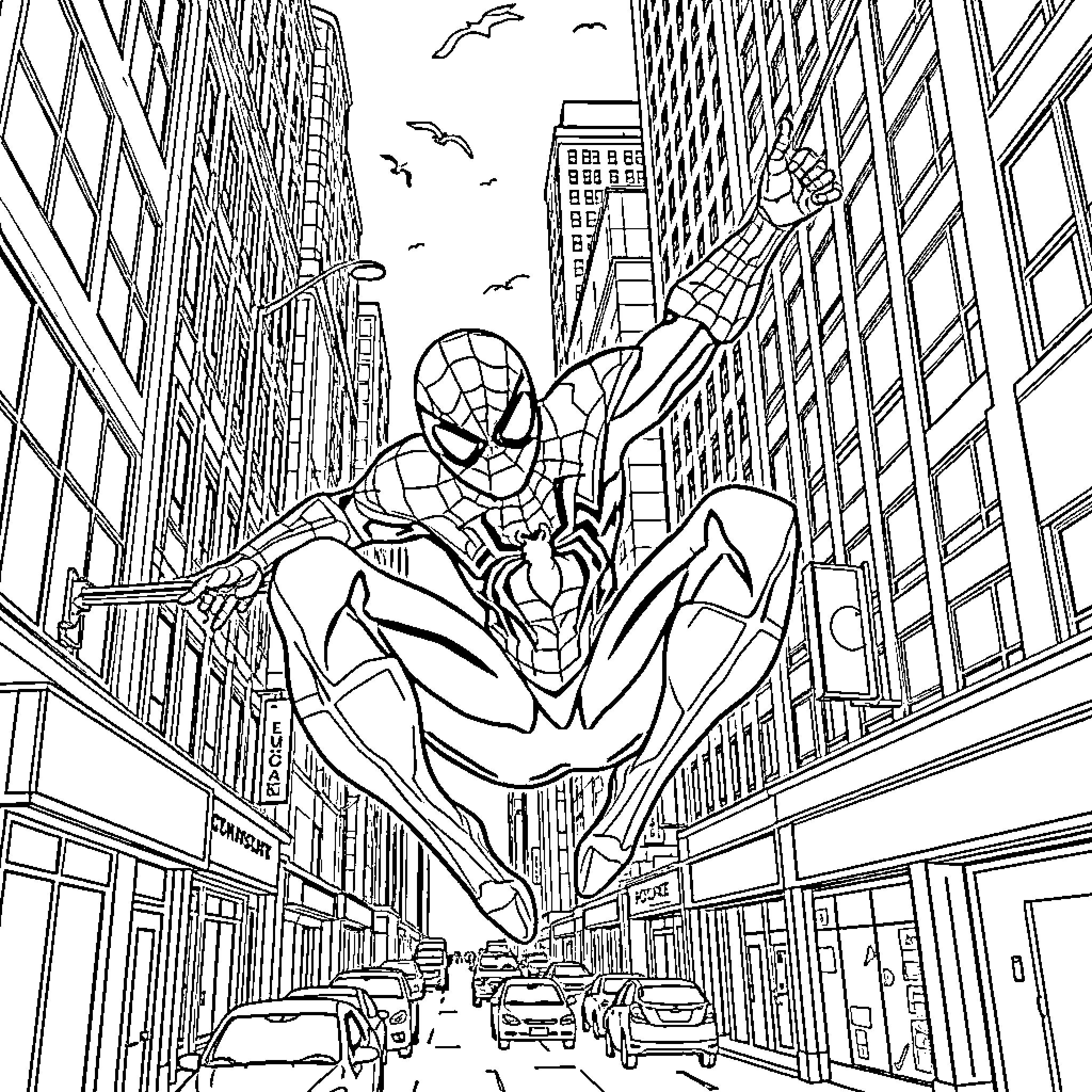 Spiderman swinging through a busy city skyline Coloring Page (free black-and-white line drawing printable PDF for all, from beginners to advanced learners, including children, teens, adults, and seniors)