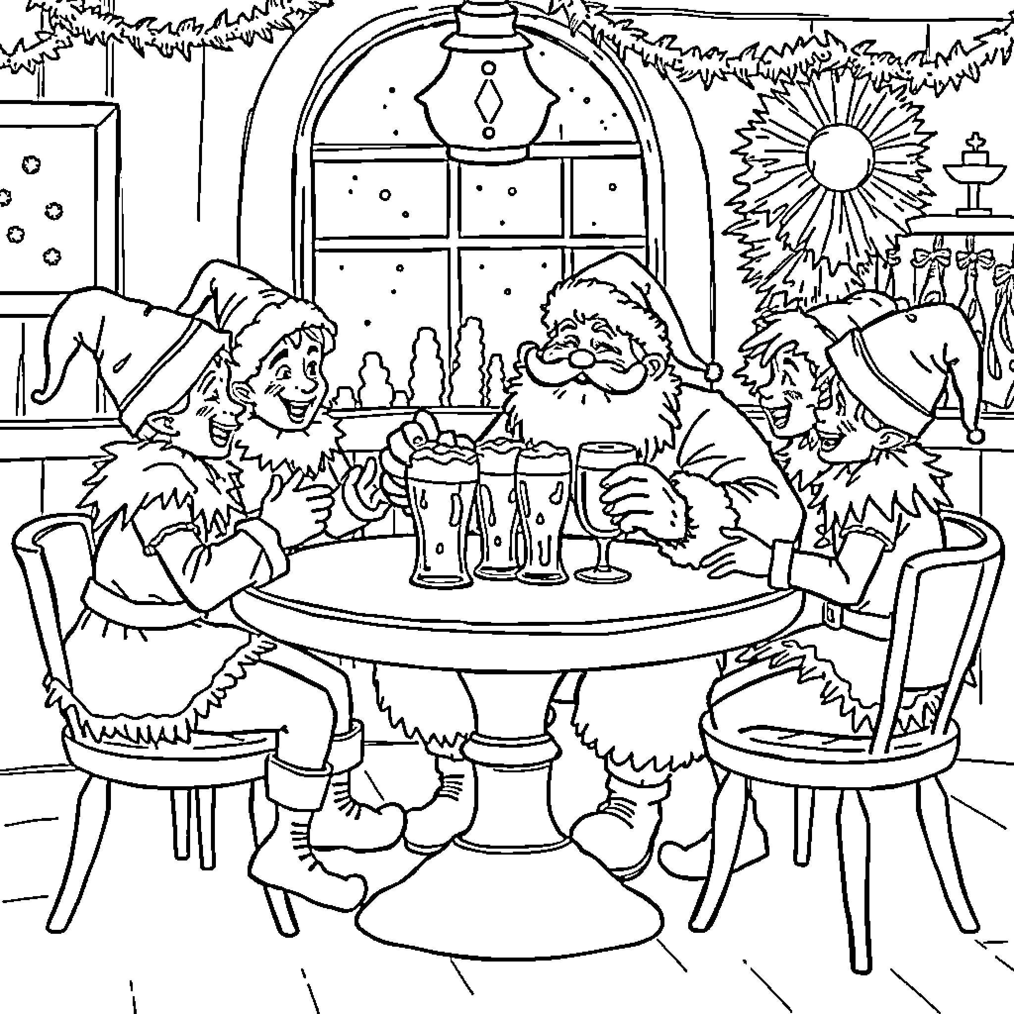 Santa's Festive Gathering with Jolly Companions Coloring Page (free black-and-white line drawing printable PDF for all, from beginners to advanced learners, including children, teens, adults, and seniors)