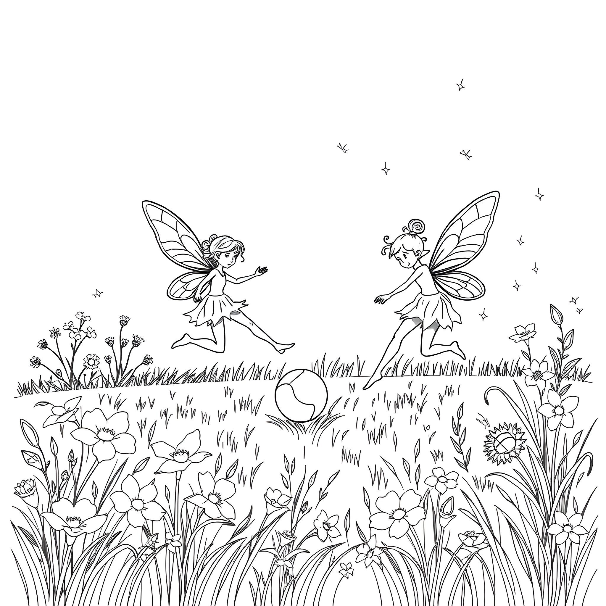 Fairy friends dancing in the floral meadow Coloring Page (free black-and-white line drawing printable PDF for all, from beginners to advanced learners, including children, teens, adults, and seniors)