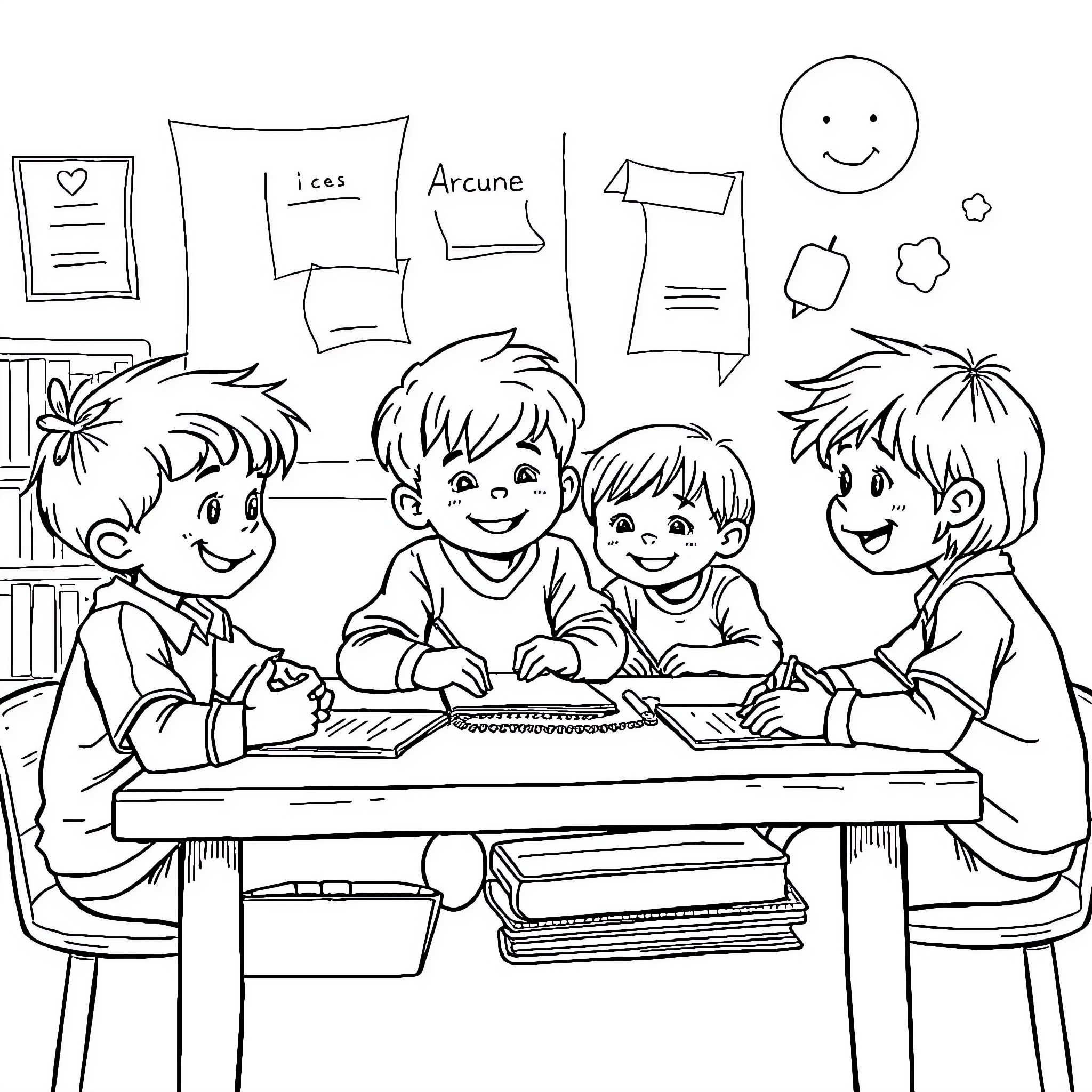 Children learning and playing together in the classroom Coloring Page (free black-and-white line drawing printable PDF for all, from beginners to advanced learners, including children, teens, adults, and seniors)